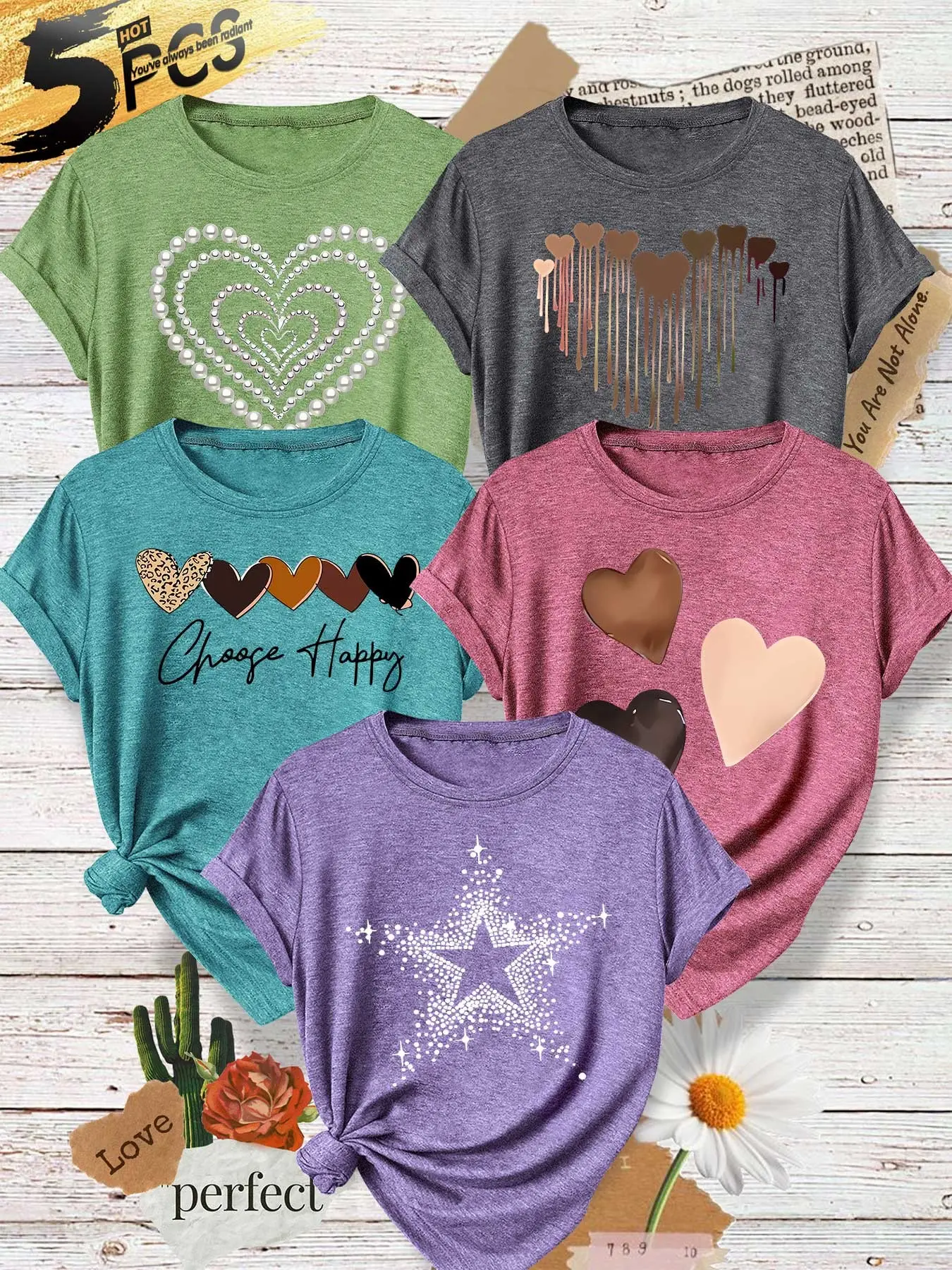 5-Pack Women's Round Neck T-Shirts, Leopard Heart Gradient Coffee Print, Soft Fabric, Casual Summer Tops, Fashion Design, Casual Chic Streetwear
