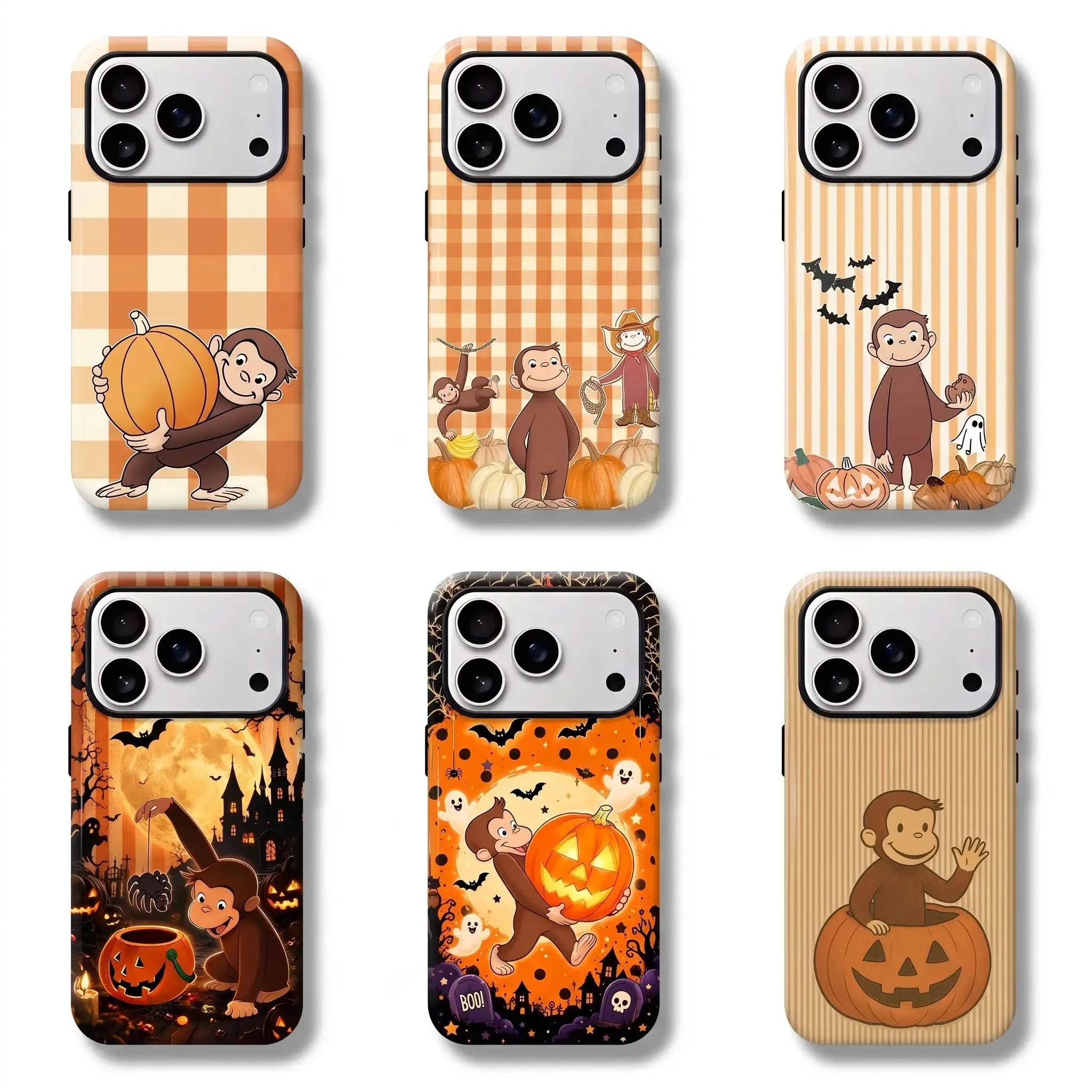 Roam Gallery Autumn Harvest Cute Monkey Pumpkin 6 Designs Case - Curated Warm Orange Plaid Polycarbonate, Halloween Cover for iPhone 11-17 Pro Max Plus & Samsung S21-S26 Ultra