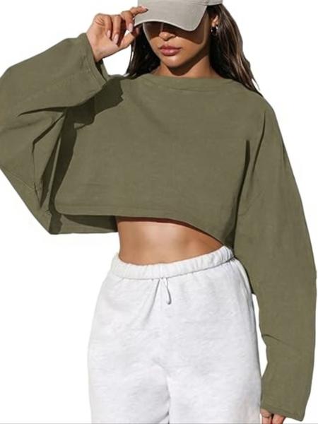 Women's Long Sleeve Round Neck Crop Top T-Shirt, Casual Solid Color Loose Pullover Sweatshirt, Perfect for Sports & Daily Wear, Casual Sporty Top