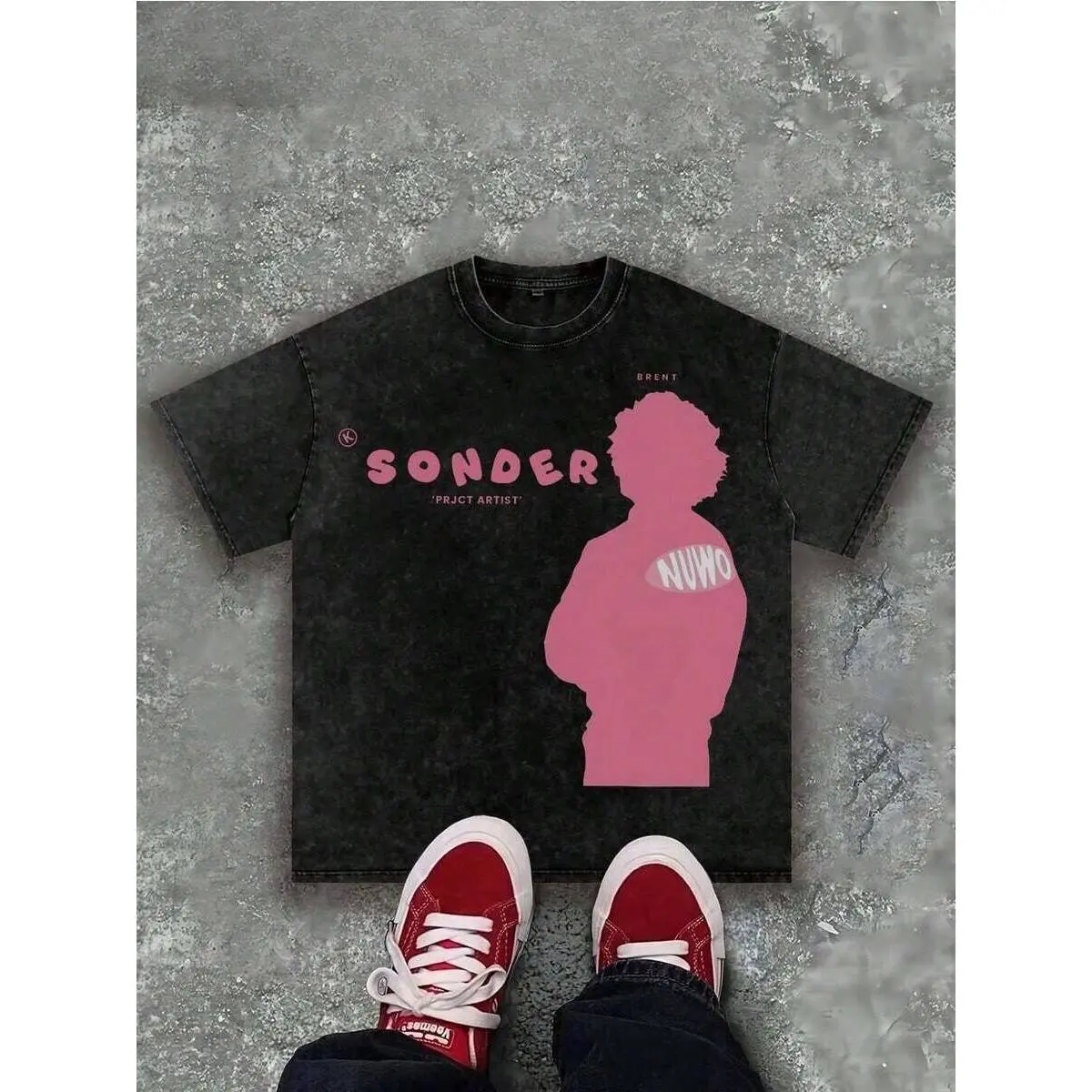 "SONDER" Thinking Figure Graphic Soft Washed Tee, Retro Y2K Style Men Round Neck Top, Casual Apparel For Summer Outdoor Daily Outfits