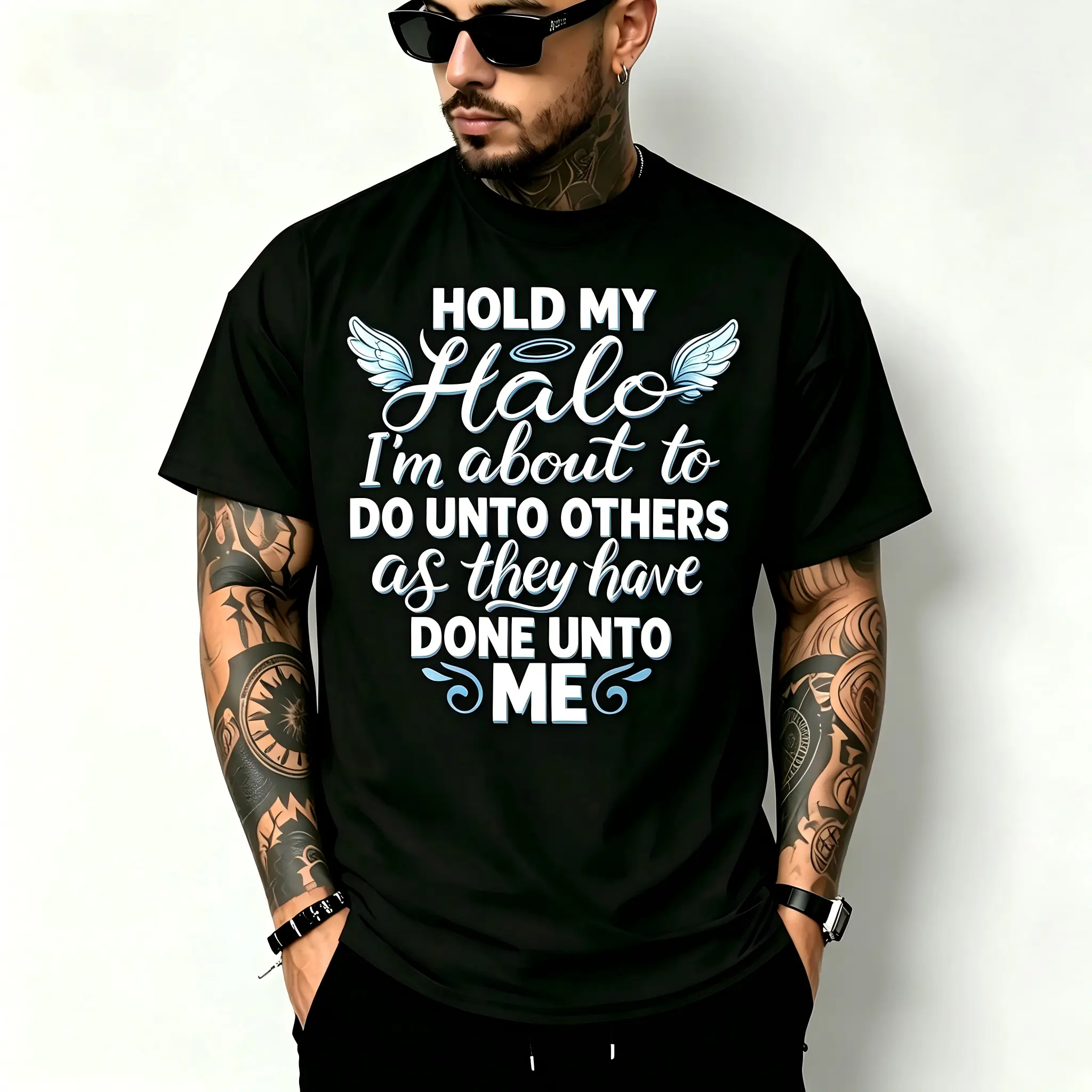 "Hold My Halo I'm About To Do Unto Others" Funny Christian Humor T-Shirt for Men & Women – Soft Cotton All Season Tee, Religious Sarcastic Graphic, Breathable Moisture Wicking Crew Neck, Comfort Fit for Everyday & Church, Machine Washable