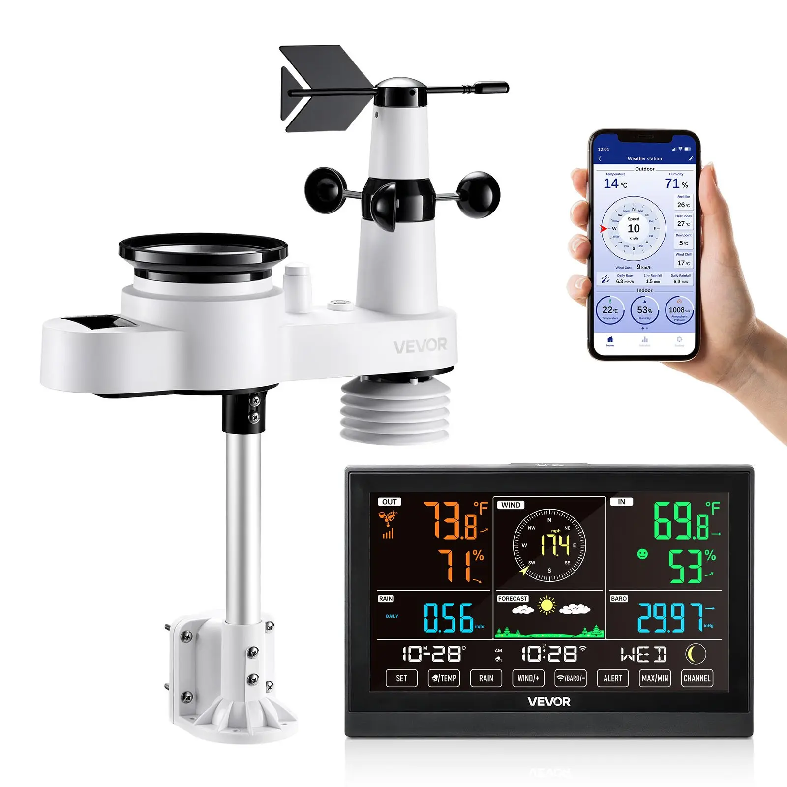 VEVOR 5-in-1 Digital Wi-Fi Weather Station, 7.5-in VA Display, Wireless Solar-Powered Outdoor Sensor, Rain Gauge, Indoor-Outdoor Use for Weather Forecast, Wind Speed Direction, Temp, Humidity, Rainfall, 7.5-Inch Display