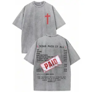 (230g T-Shirt)Washed Cotton Distressed Loose T - Shirt, "JESUS PAID IT ALL" Bill - Style Redemption Graphic, Christian Faith Tee (Romans 6:23)