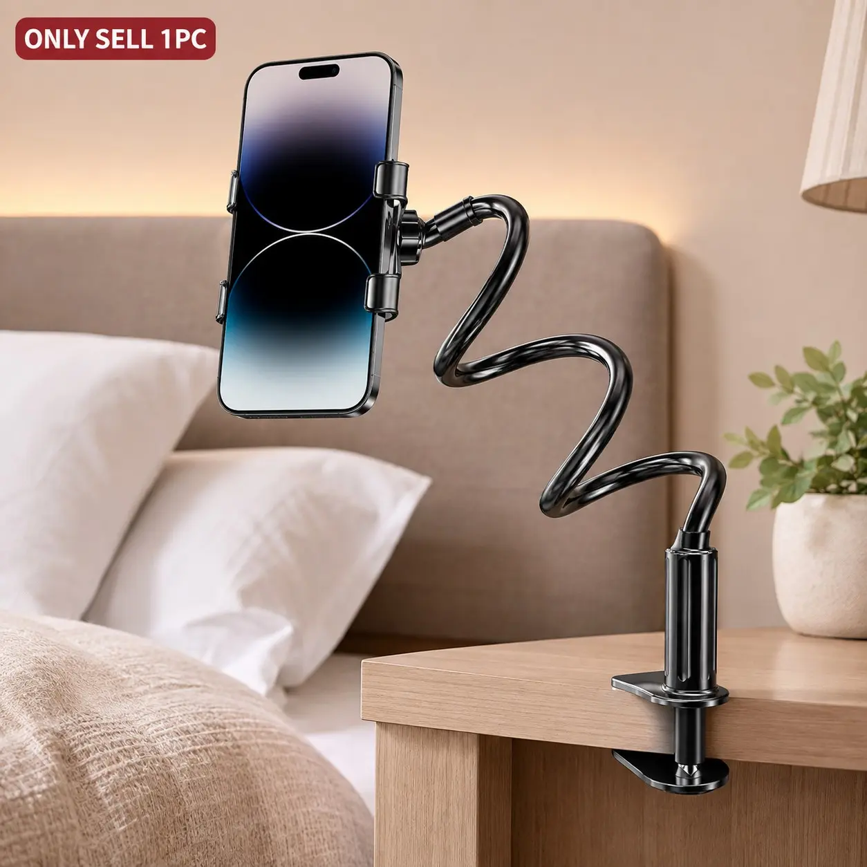 Gooseneck Phone Holder for Bed & Desk, 360° Adjustable Flexible Long Arm Cell Phone Stand with Strong Clamp, Hands-Free Bedside Mount for Comfortable Video Watching, Video Calls & Reading, Fits 4–7 in Smartphones, Headboard, Table & Nightstand