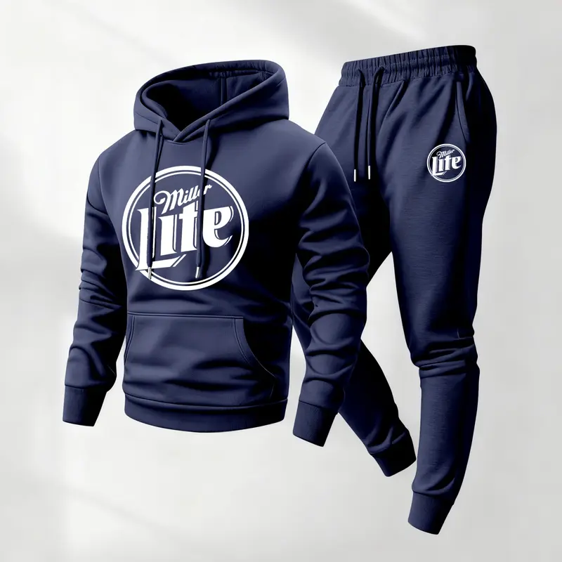 Men's USA Lite Beer Print Hoodie and Drawstring Sweatpants Set, Menswear, Casual Athletic Long Sleeve Hooded Jacket & Trousers for Fall & Winter, Men's Clothing for Daily Wear, Sportswear Indoor Outdoor, Tracksuit, Athleisure Summer Clothes