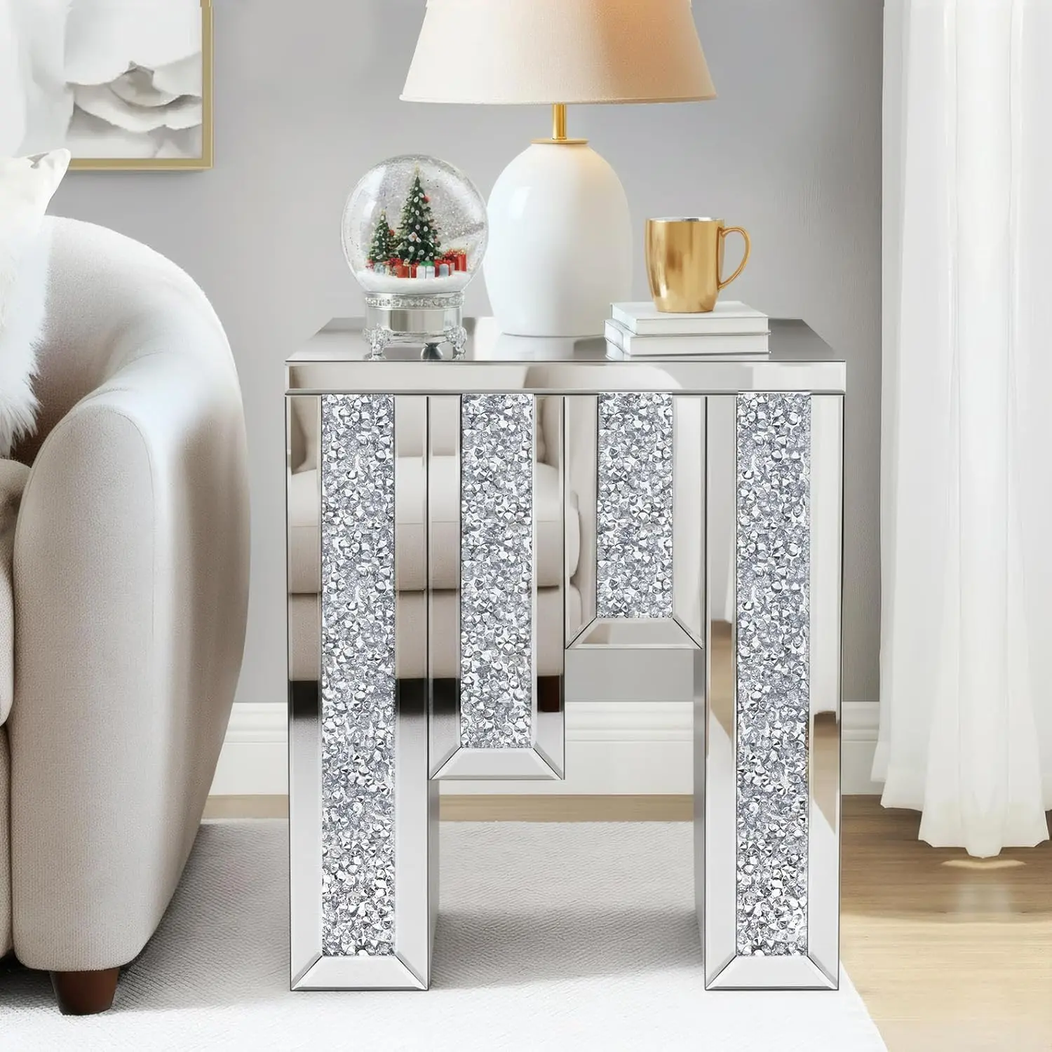 Crushed Diamond Side Table, Mirrored Accent End Table & Sofa Table for Living Room, Luxury Bling Crystal Nightstand, Fully Assembled Drop-Tested Packaging for Bedroom, Entryway