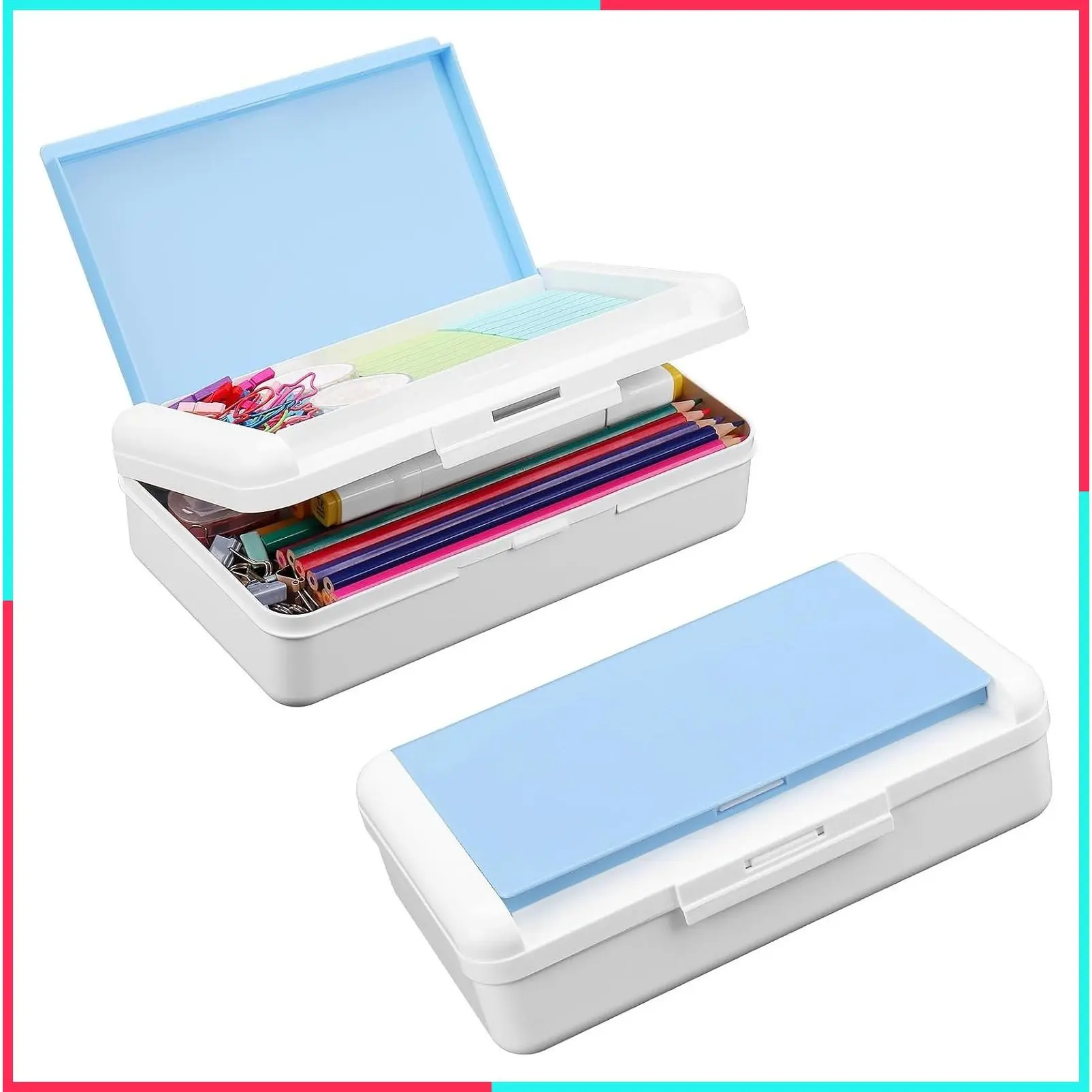 Double Layer Pencil Case, Large Capacity Plastic Pencil Box with Snap-Tight Lid, Two-Tone Storage Organizer for Office and School Supplies (Light Blue, 1 Pack)