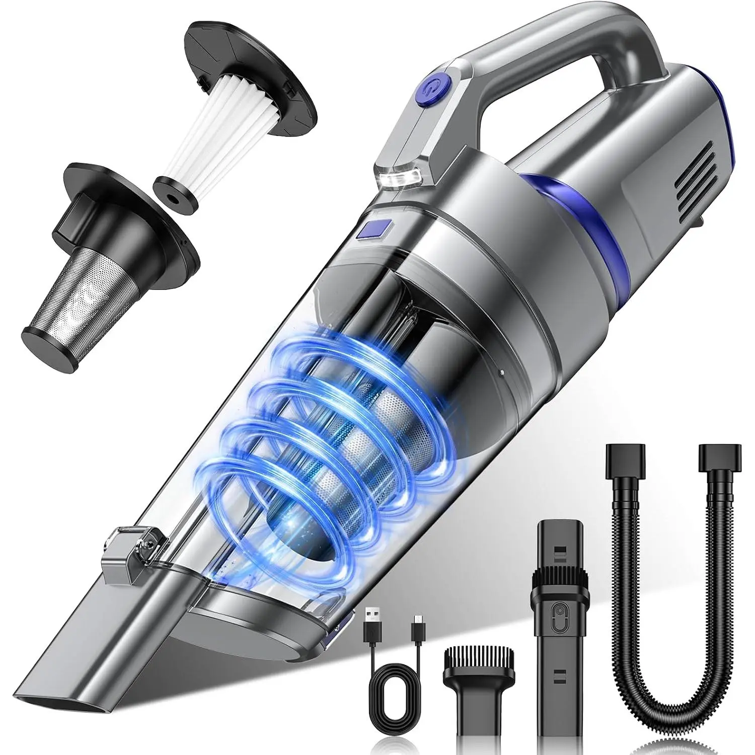Handheld Vacuum Cordless, 16000PA  Suction Hand Held  Vacuum Cleaner, Portable Hand Vacuum Rechargeable with Multi-Nozzles & LED Light for , , Office, Pets