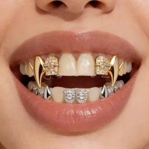 Full Set Golden Zirconia Teeth Grillz, Shiny Vampire Style Fashion Teeth Accessories for Men, Novelty Jewelry Gift for Halloween, Christmas & Valentine’s Day