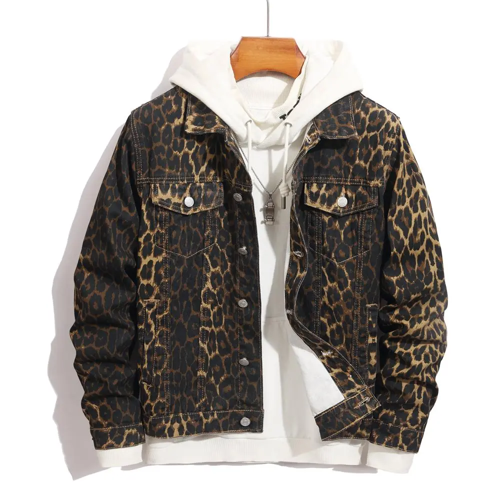 New Men Personalized leopard Print Slim Denim Jacket Streetwear Male Stylish Casual Jeans Jacket Coat Menswear Tops Long Sleeve Deals For You Days