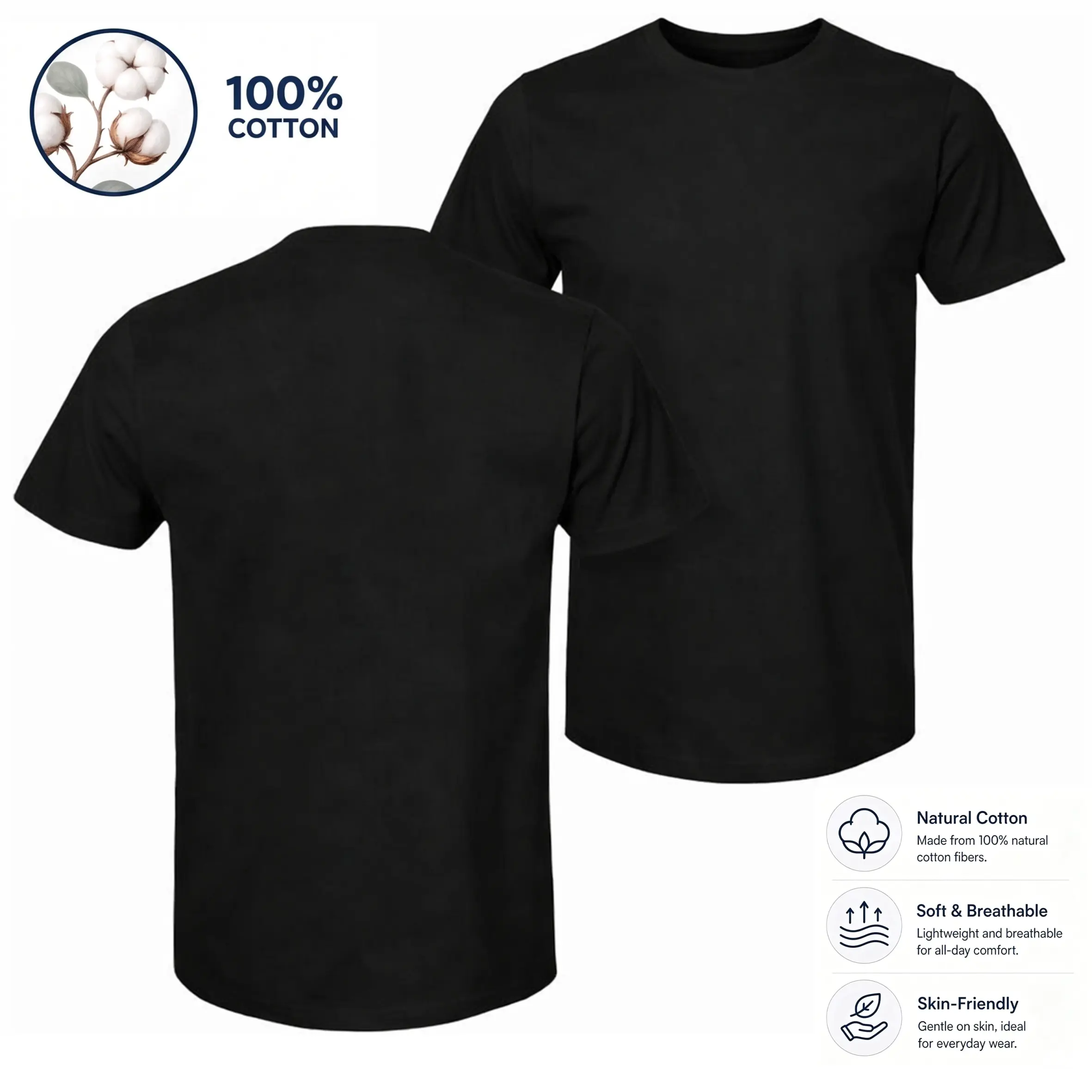 Menswear Oversize Plain Round Neck 100% Cotton Stretch Short Sleeve T-Shirt - Soft Breathable Relaxed Fit Basic Tee for Daily Wear, Summer Casual Outfits