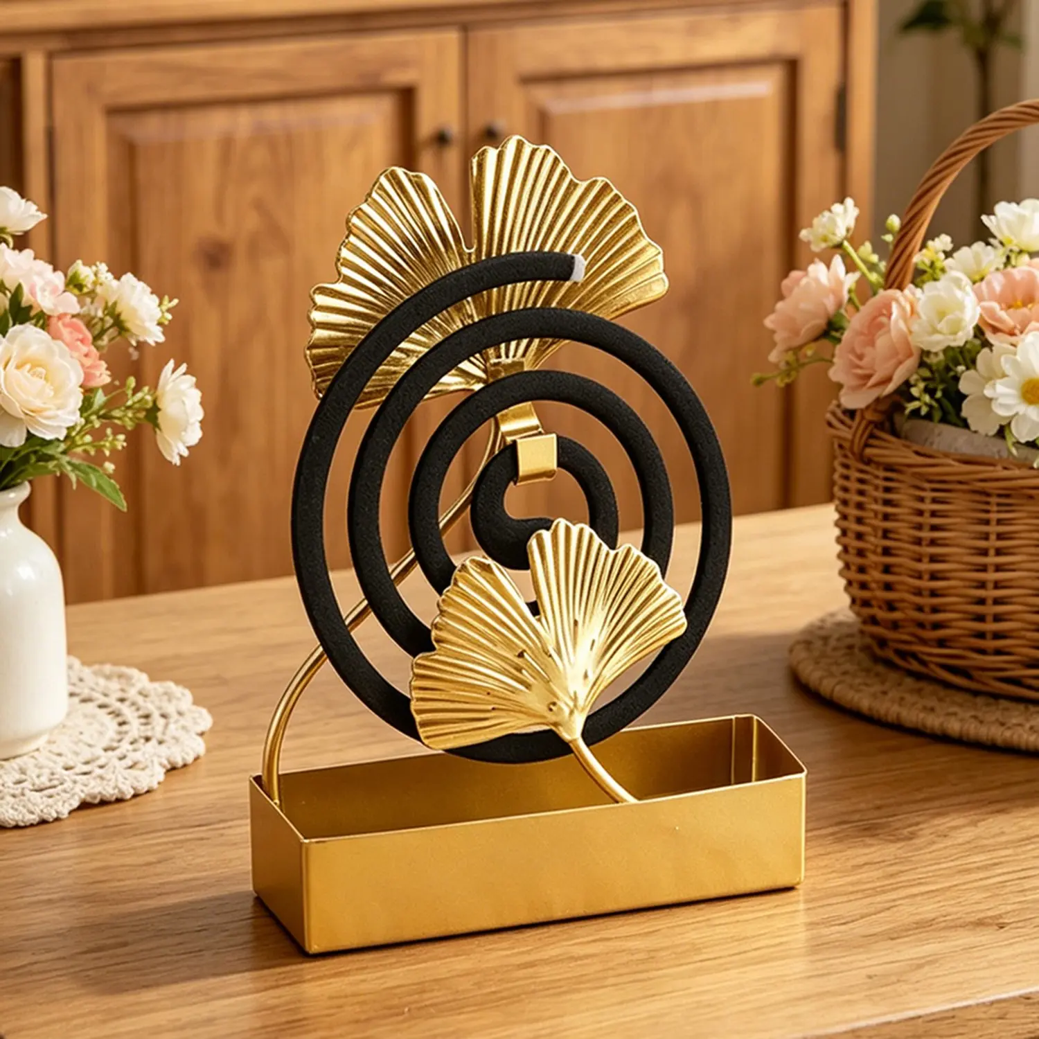 Double Ginkgo Leaf Mosquito Coil Holder with Ash Catcher, No Electricity Needed, Golden Decorative Incense Holder for Home Indoor Outdoor