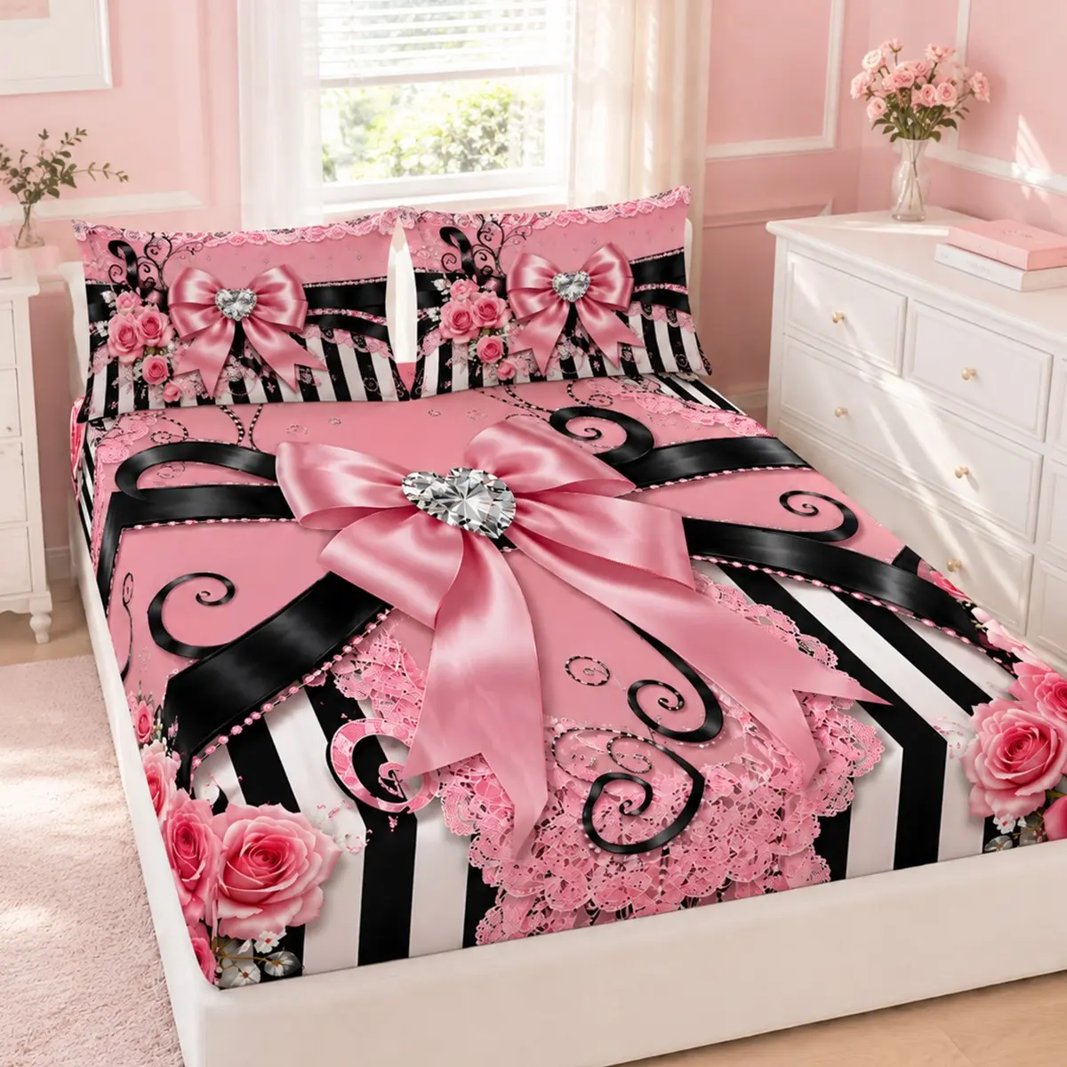 3-piece black and pink striped bow and rose-themed bedding set (includes 1 fitted sheet and 2 pillowcases; filling not included); features stripes, bows, and roses; made of polyester fabric; suitable for modern bedrooms and dorm rooms.