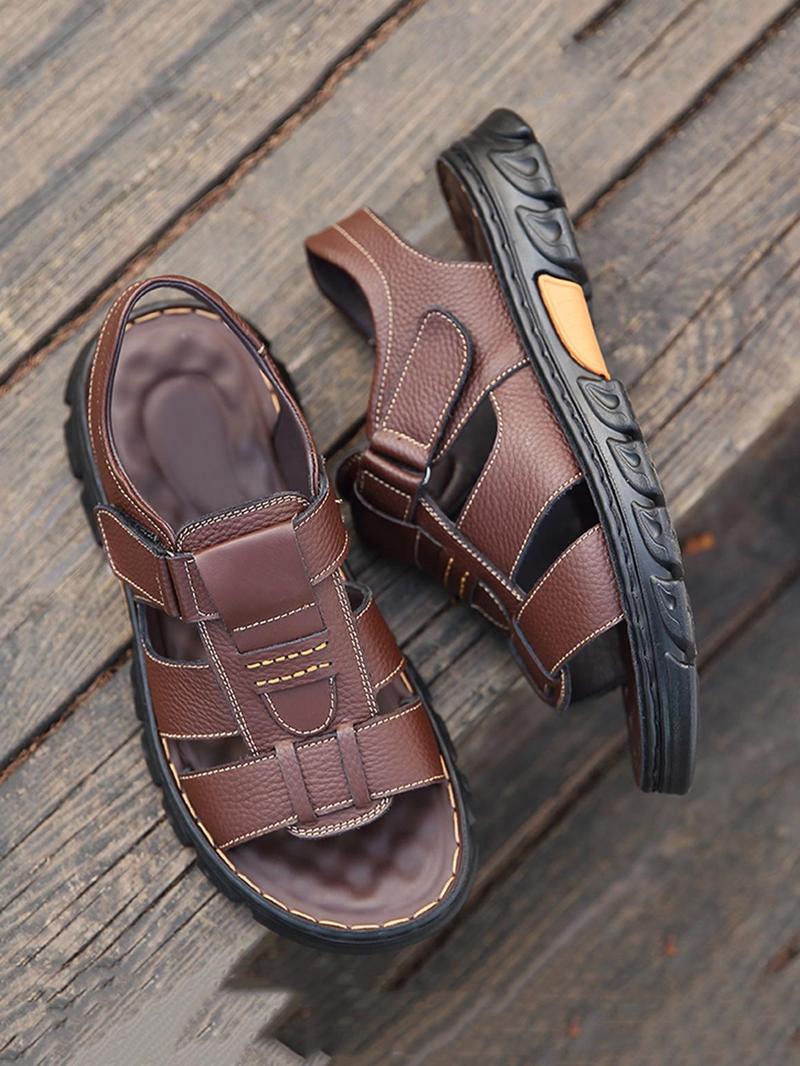 Men's Casual Plain Velcro Sandals, 2024 Fashionable Summer New Open Toe Sandals for Summer, Lightweight Breathable Comfortable Shoes for Daily Wear