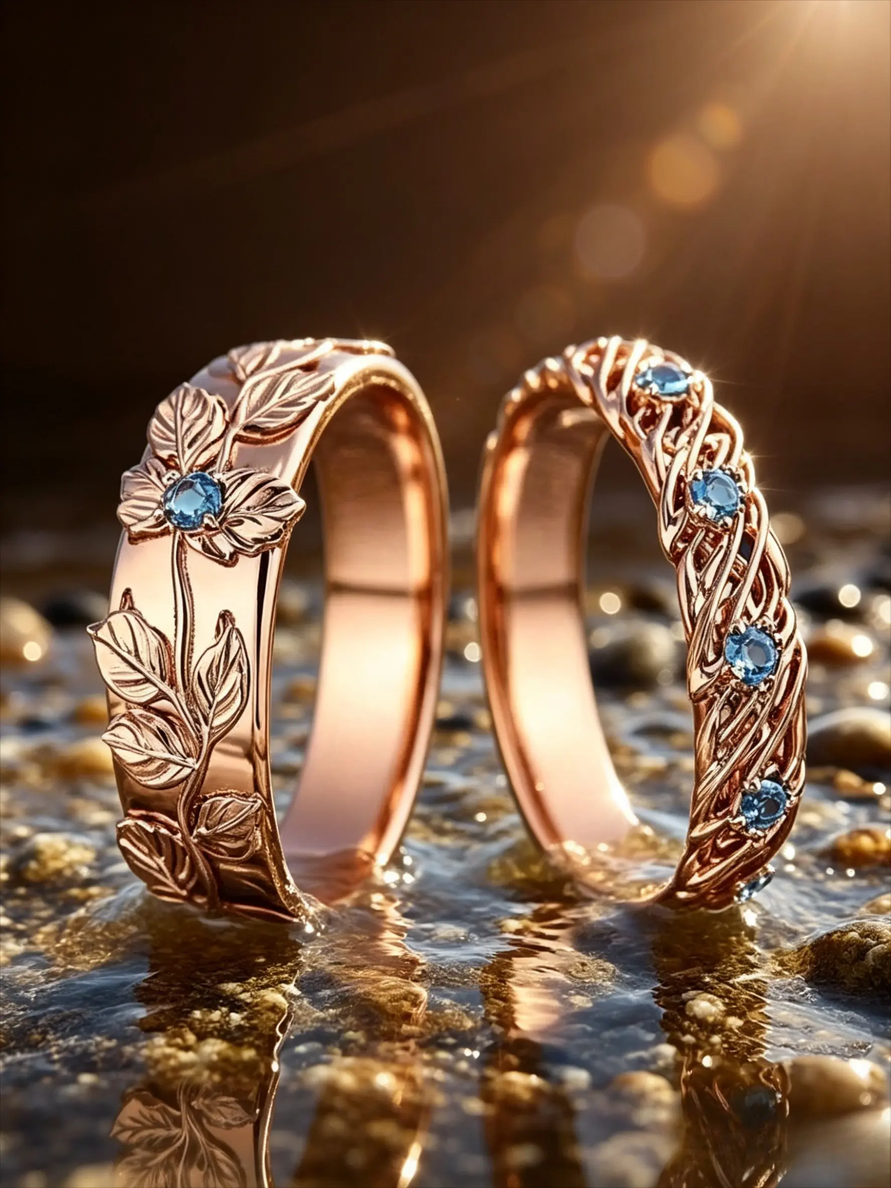 Vintage Nature Inspired Unisex Wedding Band Set, Floral Leaf Engraved Wide Ring & Braided Twisted Thin Ring In Rose Gold Tone With Blue Cubic Zirconia, Matching Couple Promise Rings, Suitable For Single Wear For Men Women, Valentine Anniversary Engagement