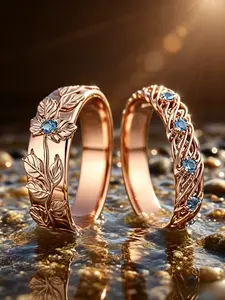 Vintage Nature Inspired Unisex Wedding Band Set, Floral Leaf Engraved Wide Ring & Braided Twisted Thin Ring In Rose Gold Tone With Blue Cubic Zirconia, Matching Couple Promise Rings, Suitable For Single Wear For Men Women, Valentine Anniversary Engagement