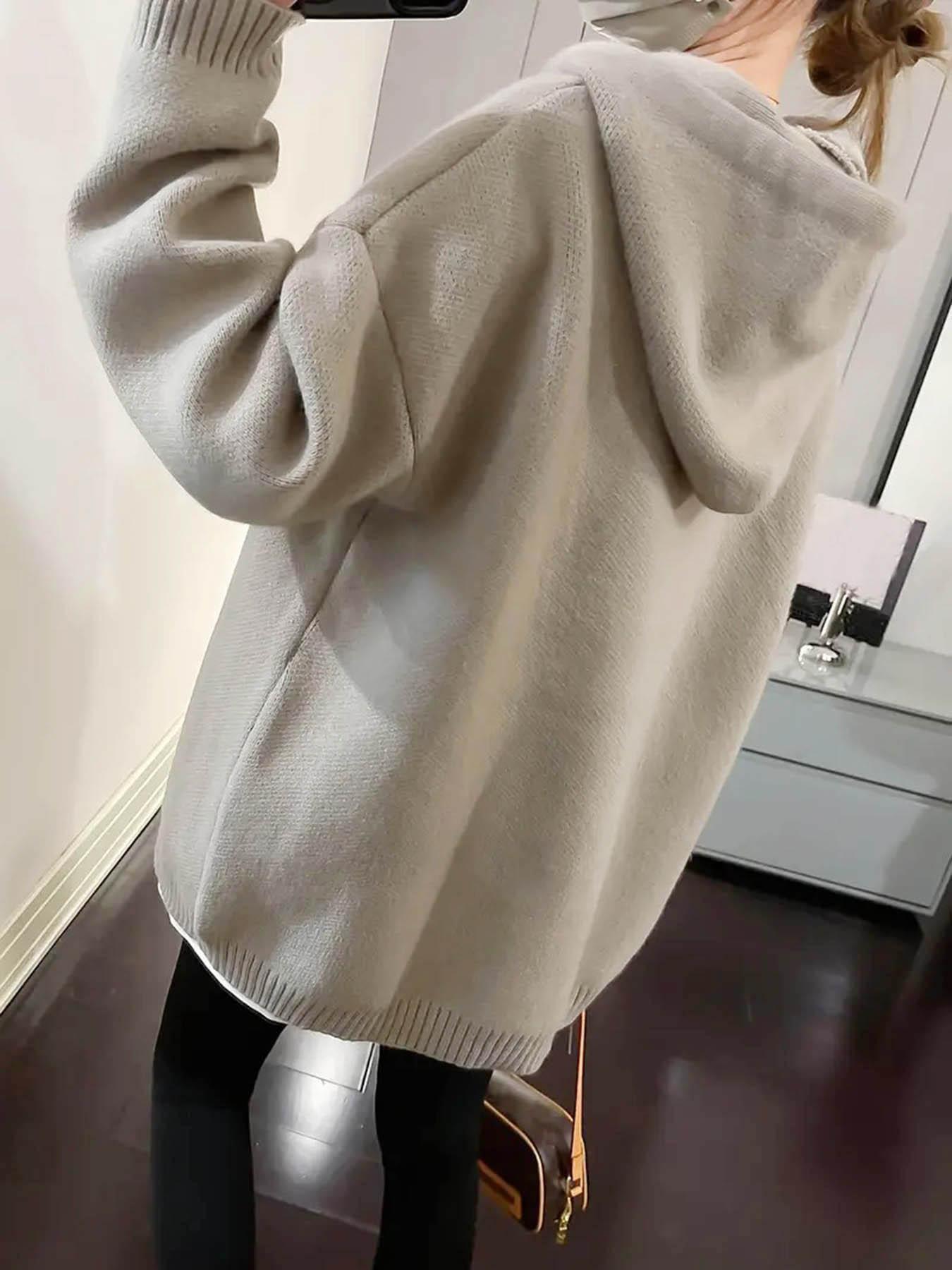 Women's Cartoon Face Print Drop Shoulder Hooded Knitted Sweater, Fashion Casual Long Sleeve Drawstring Hooded Sweater for Daily Holiday Outdoor Wear, Women Knitwear for Fall & Winter, Sweaters for Women