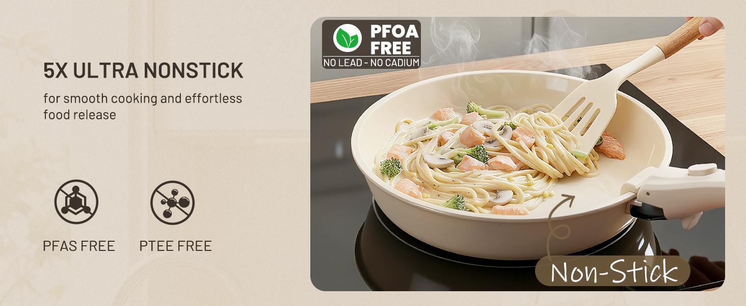 Nonstick Pots and Pans Set - Ceramic Cookware Set with Detachable Handle - 25 Pack Healthy Pans Set for Cooking - Stackable for RV Kitchen, Induction Ready - Dishwasher and Oven Safe