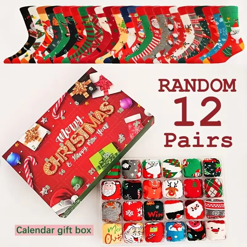 12 Pairs Autumn Winter Women's Christmas Countdown Calendar, 24-Day Surprise Gift Crew Socks for Men and Women, Festive Holiday Accessories