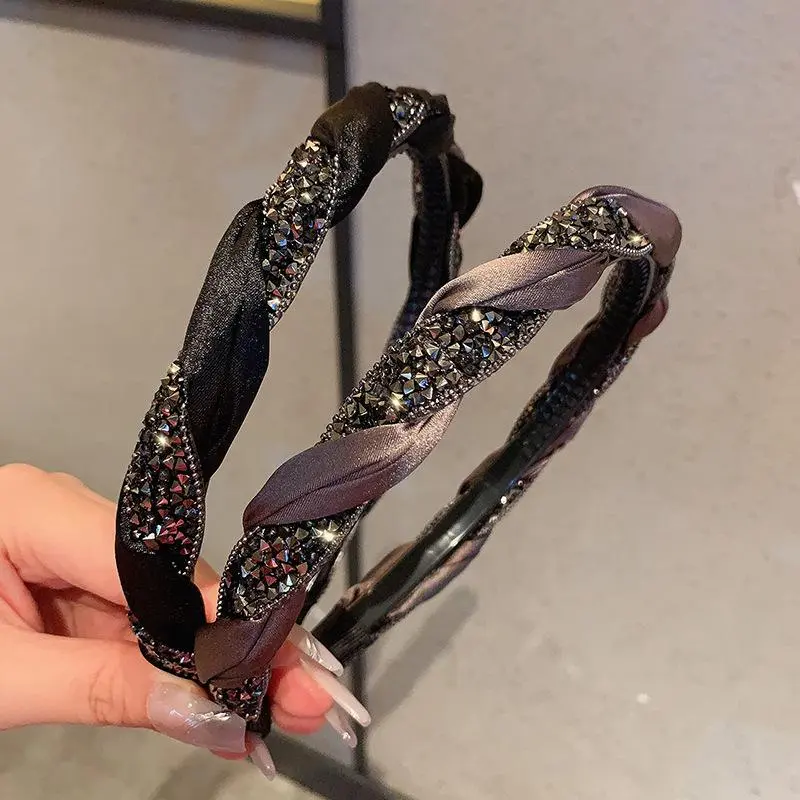 Black Coffee Satin Splice Rhinestone Twisted Thin Headband Silky Fabric Hair Hoop Women Elegant Daily Evening Hair Accessory, Dating, Anti-Slip, Commute, Ergonomic Curved Frame, Luxury, Party Wear, Anti-Slip Grip