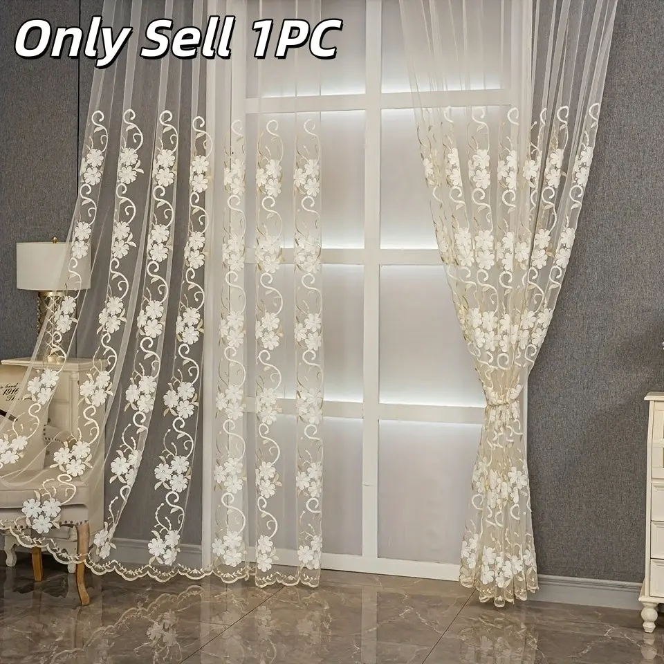 1pc Embroidered Floral Transparent Curtain, Ready-To-Install Sheer Drapery, Perfect for Bedroom and Living Room, Easy Rod Installation, Window Curtains, Window Drapes, Home Decoration Curtain