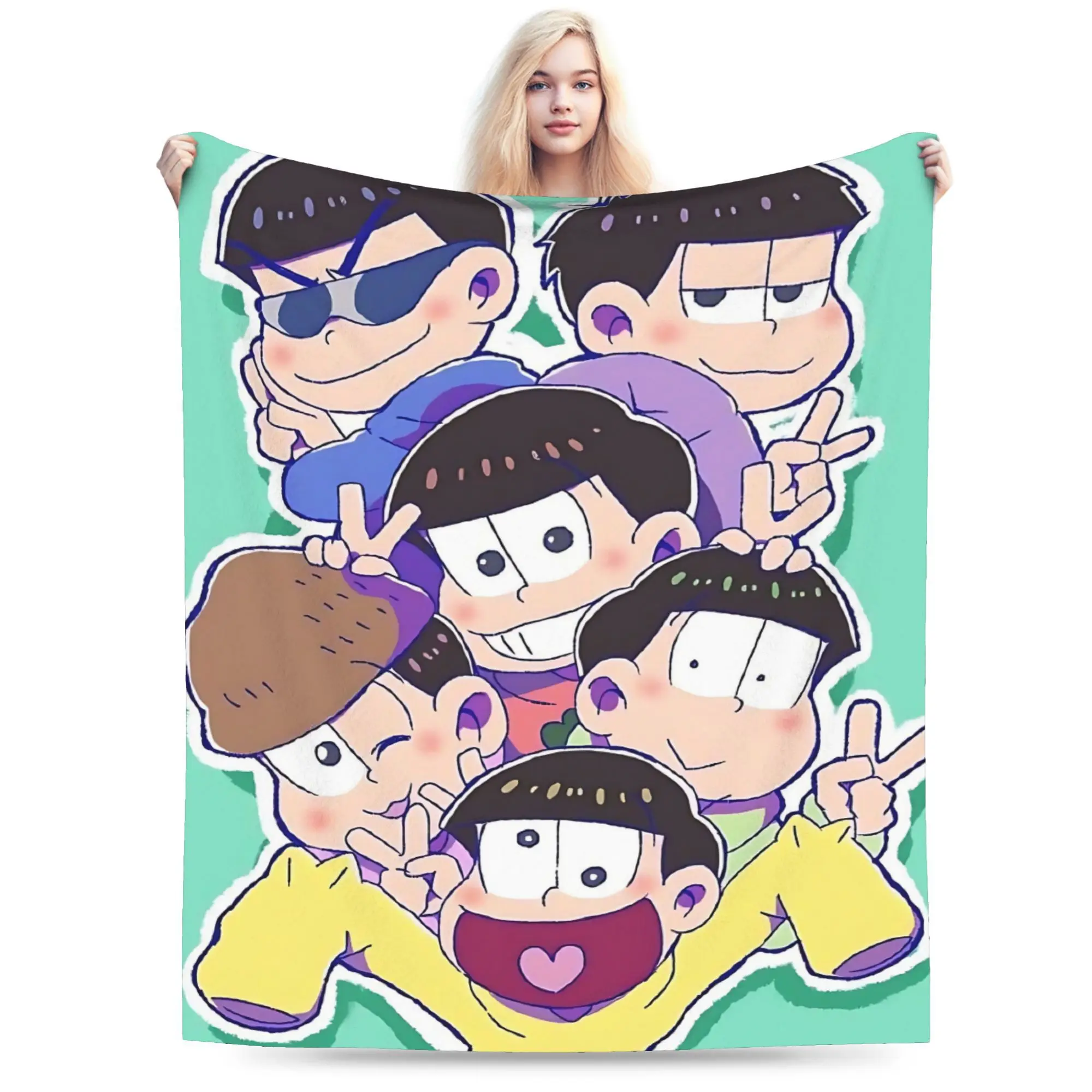 Osomatsu-san Six Brothers Group Anime Print Flannel Throw Blanket, All Season Soft Sofa Bed Nap Camping Travel Office Car Blanket, Mint Green Background Cute Japanese Manga Decor Blanket Gift For Anime Otaku Fans