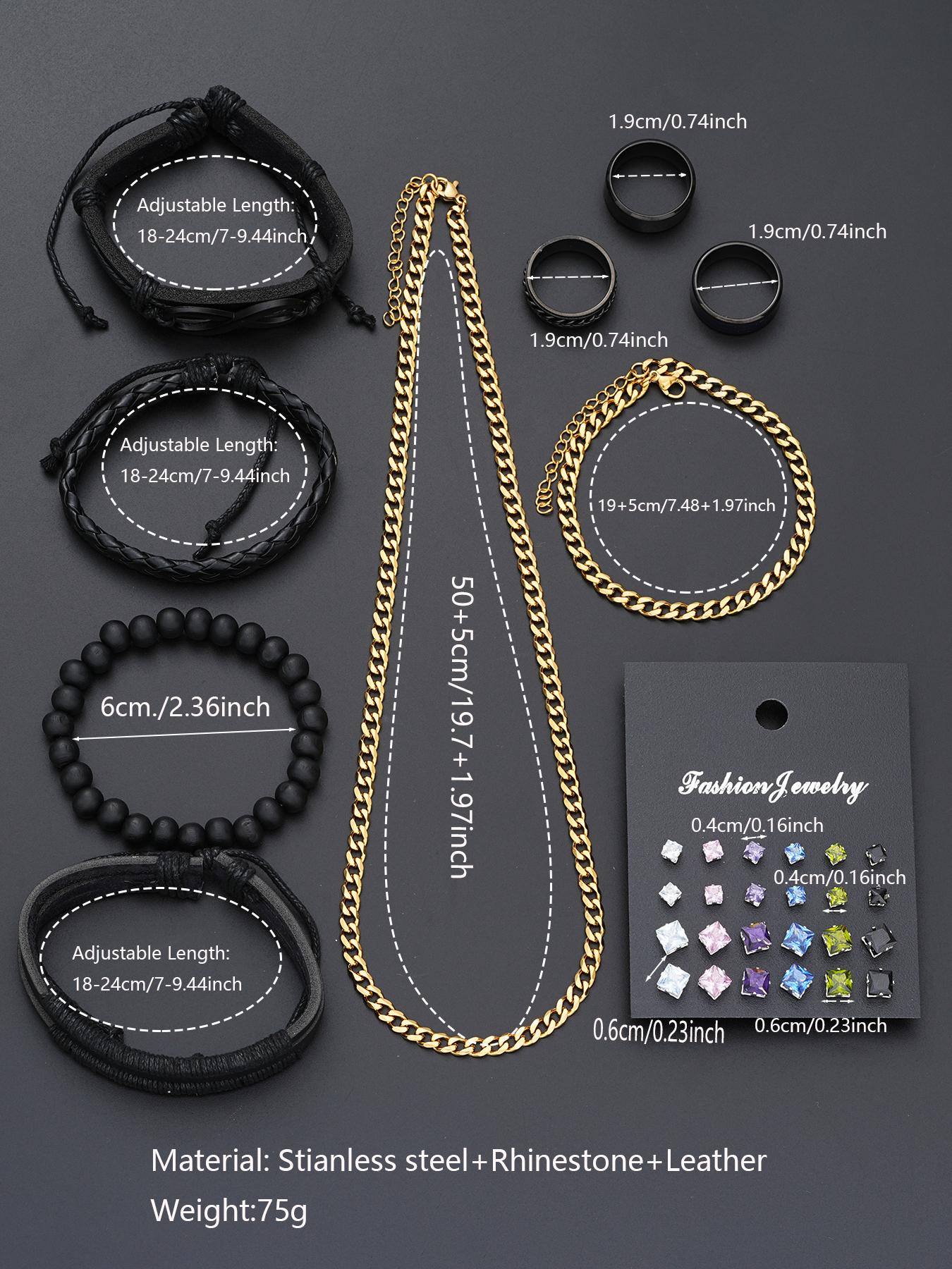 Men's Fashion Jewelry Set, 33 Counts Casual Rhinestone Decor Beaded & Drawstring Design Necklace & Bracelet & Stud Earrings & Rings for Men, Fashion Jewelry for Party, Daily Clothing Decor, Trendy All-match & Exquisite Jewelry for Birthday Gift