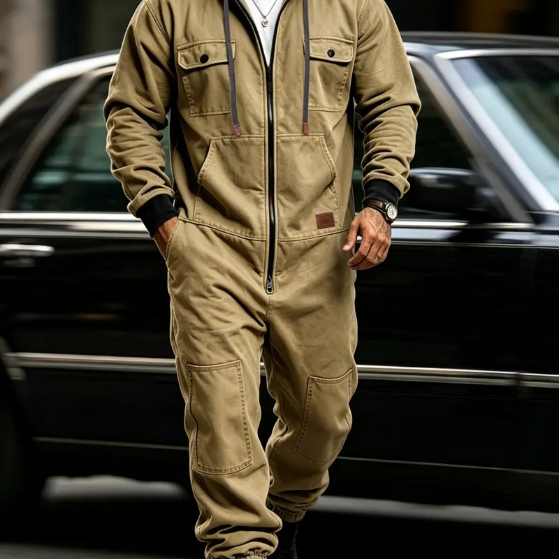 Men's American Heavyweight Hooded Cargo Jumpsuit, Full‑Zip Multi‑Pocket Lumberjack Work Coverall, Drawstring Hood Jogger Cuff One‑Piece Outfit, Loose Hip‑Hop Streetwear Jumpsuit for Outdoor Street Daily Wear, Multi‑Colors Plus Size M‑2XL