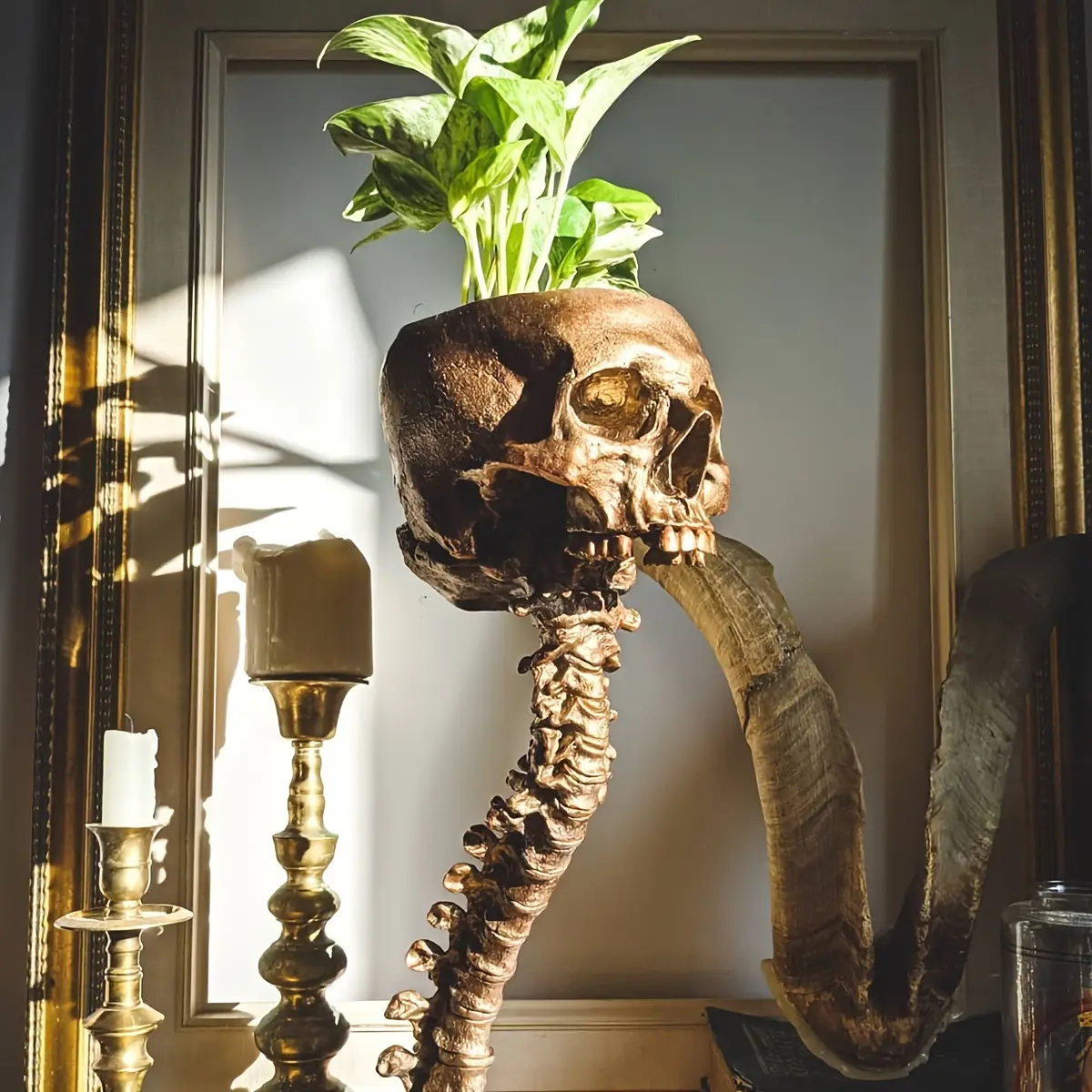 Realistic Human Skull with Spine Resin Head Planter, Creepy Halloween Decor Sculpture for Patio Lawn Tabletop, Gothic Home Decor Plant Pot for Succulents Cactus