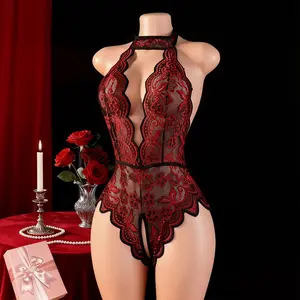 Halter Floral Lace Teddy Lingerie Deep V Back Tie Cutout Crotch Scalloped Edge Sheer Mesh Bodysuit For Women Valentine Honeymoon Romantic Intimate Sleepwear Multi Color