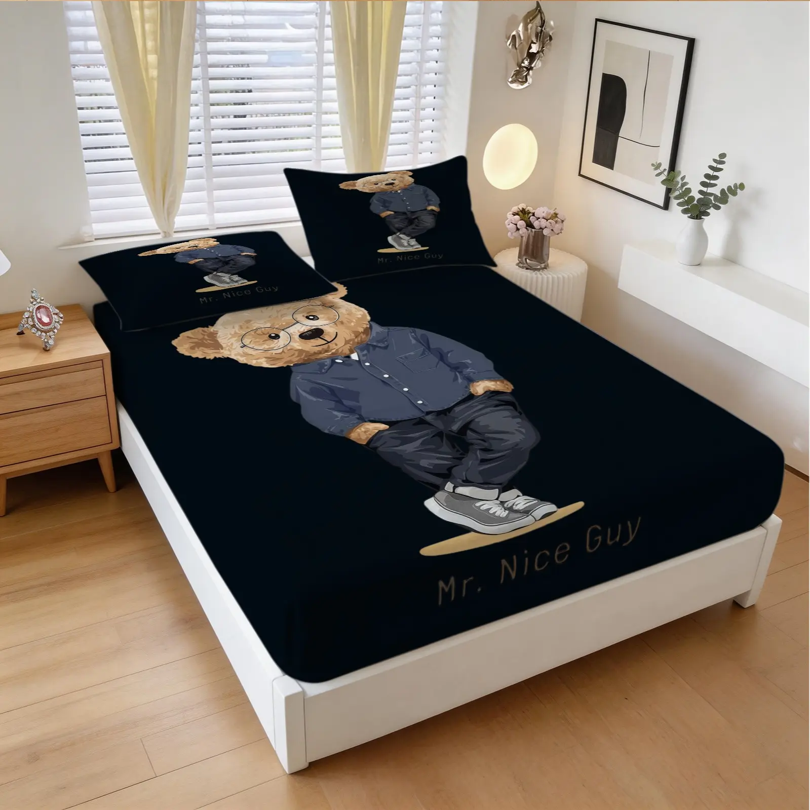 3-Piece Set Of Teddy Bear Patterned Bed Sheets, Including 1 Bed Sheet And 2 Pillowcases, Soft And Comfortable Bedding, Non Slip And Dust Cover, Suitable For Bedrooms And Guest Rooms