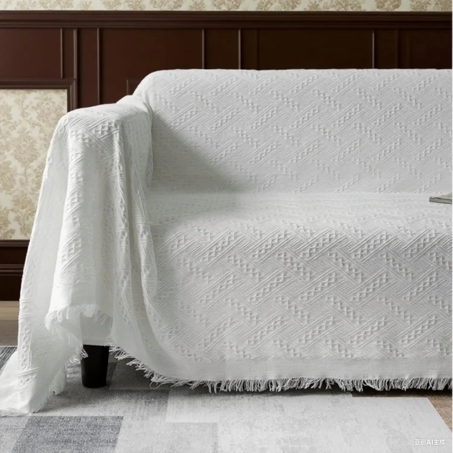 Sofa Cover for 3 Cushion Couch, Sectional Couch Cover Washable, Geometrical Jacquard Futon Couch Covers Protector for , Decorative Sofa Covers with Tassels, Large, 71"x102", White