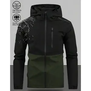 Men's Waterproof Windproof Hooded Jacket  Quick Dry, High Elasticity, Outdoor Hiking Casual Daily Wear, Black Color Block Design,men's waterproof jacket,outdoor hiking jacket
