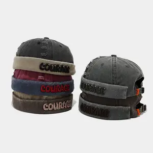 Vintage Distressed Denim Brimless Docker Hat • Y2K High Street Heavy Applique Slogan Embroidery Beanie Cuff Cap for Men Women