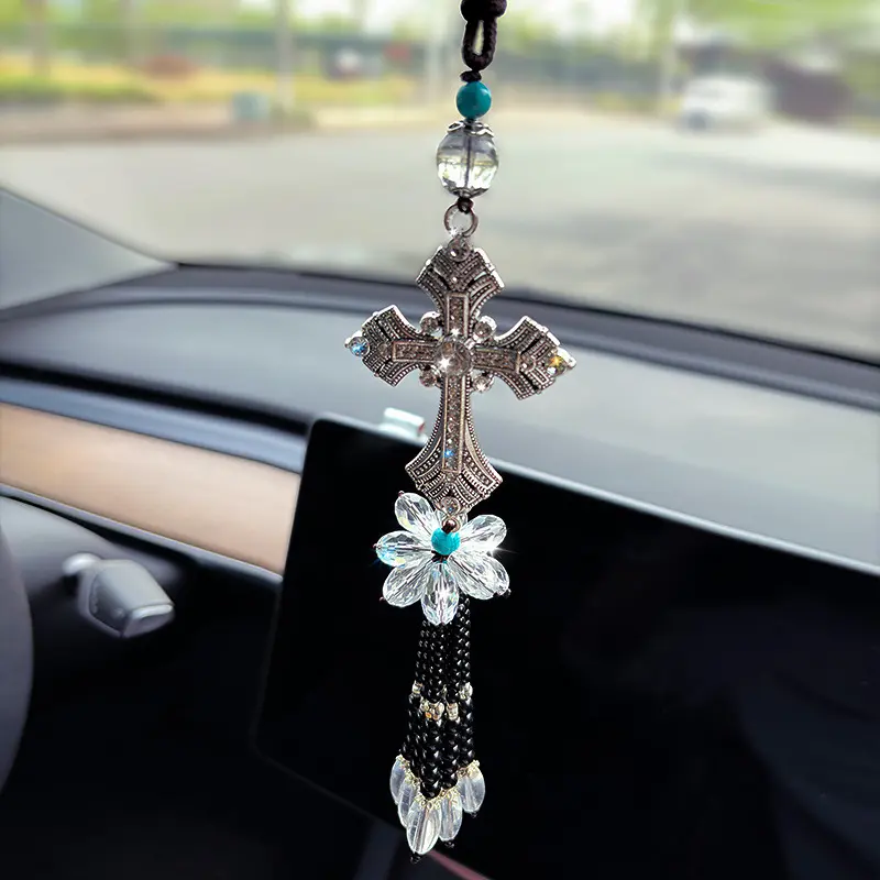 Vintage Cross Car Hanging Ornament Crystal Flower Black Tassel Rearview Mirror Pendant Bling Christian Suncatcher Auto Interior Accessories Gift