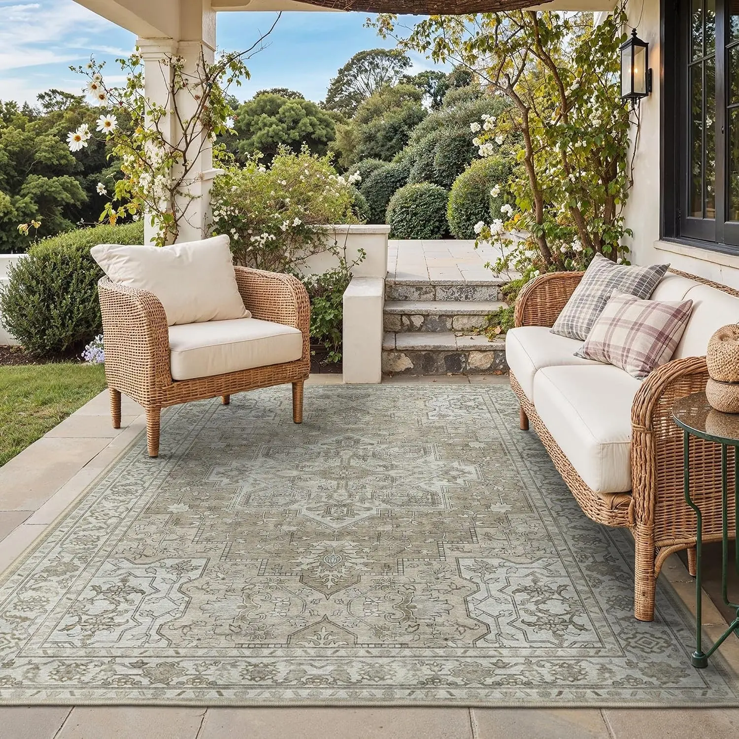 Indoor/Outdoor Boho Area Rug 5'x8' Coffee Beige - Waterproof, Non-Shedding, Easy-Cleaning Mat for Patio Deck, Living Room, RV Owners - Home Supplies Accent Carpet