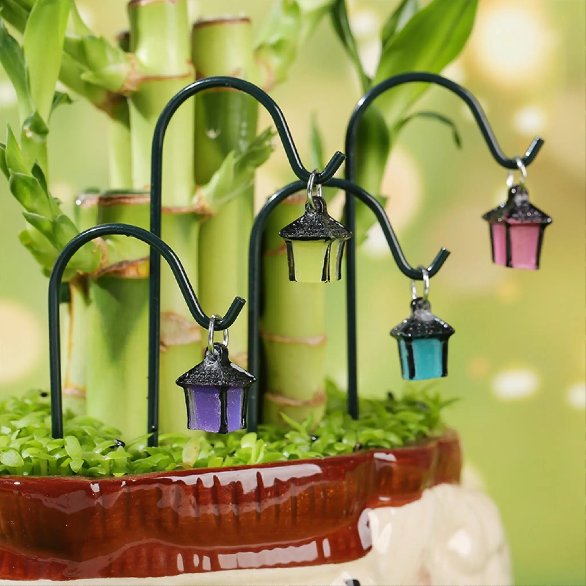 Vintage Glass Glow-in-the-Dark Fairy Garden Lantern Stake - Assorted Color Miniature Hanging Outside Lights, Rustic Iron Ornament, Indoor/Outdoor Halloween Desktop Micro Landscape Decor, Succulent Pot DIY Accessory, Lanterns