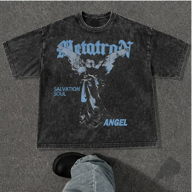 Men's Vintage Metatron Angel Graphic Print T-Shirt - Menswear Washed Round Neck Short Sleeve Top, All Seasons Casual Tee, Tops, Shortsleeve