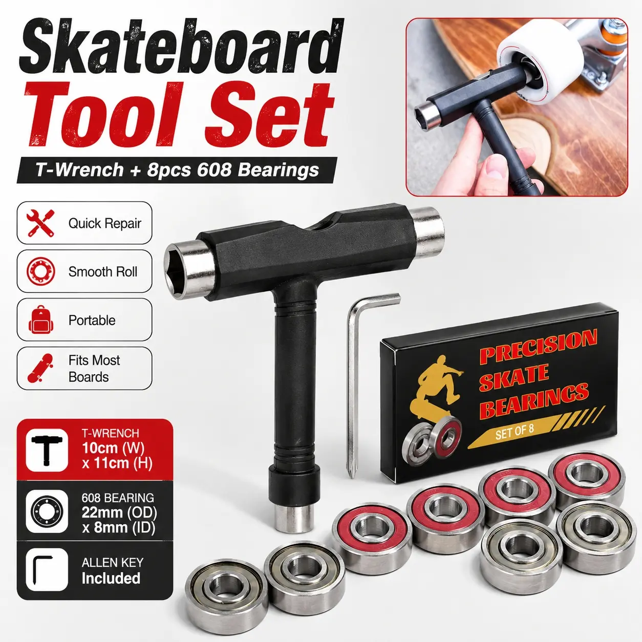 Skateboard Tool Set, Casual Outdoor Skate Repair Kit with T Wrench & 8pcs 608 Precision Bearings, Nylon Longboard Wrench, Replacement Bearings for Skateboard, Longboard, Scooter, Roller Skates, Inline Skates, Spinner, Teens Adults, Skateboard Accessories