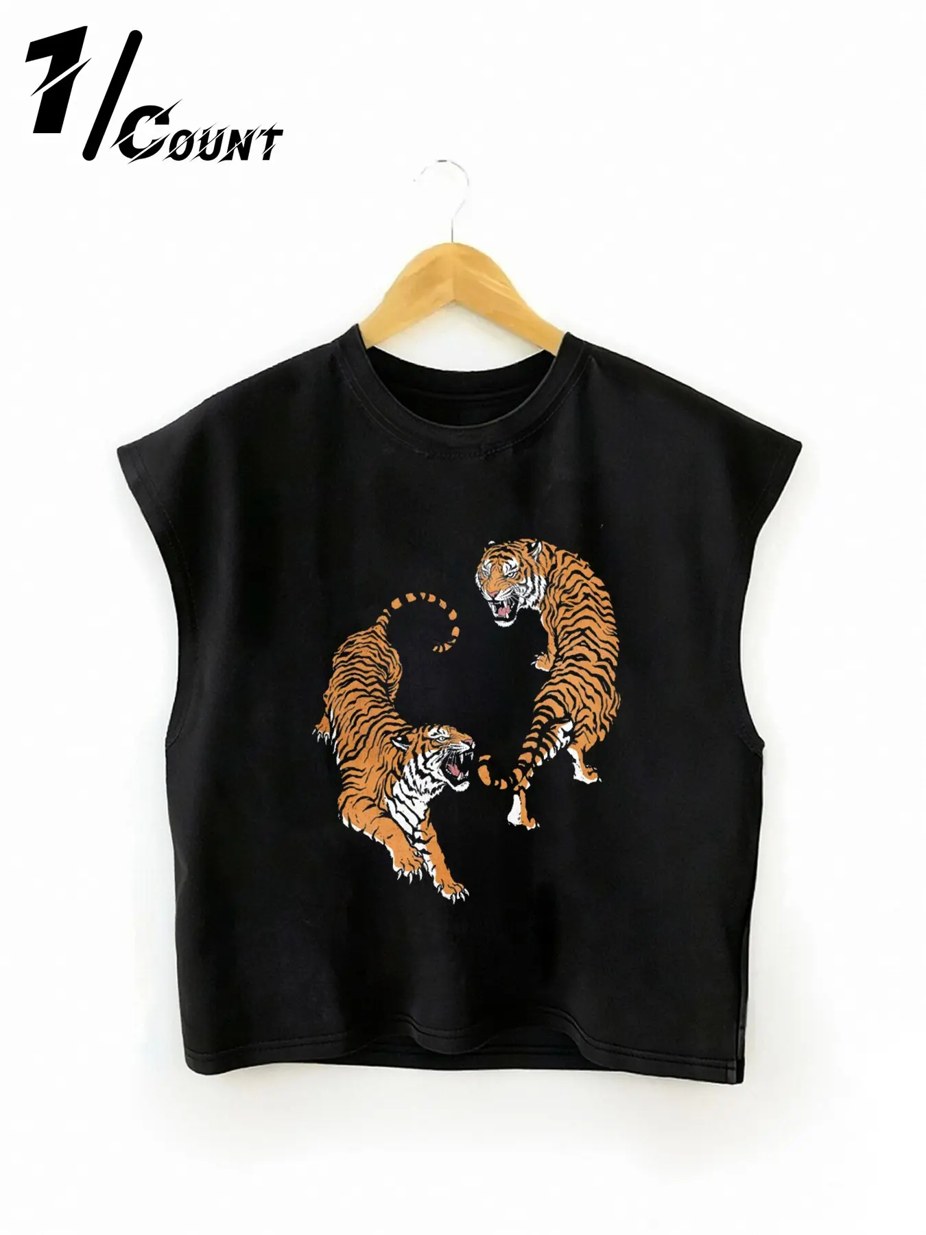 Men’s Cropped Sleeveless Tank Top, Dual Tiger Graphic Cut Off Muscle Shirt, Vintage Animal Print Streetwear Vest, Crew Neck Wide Armhole Design, Short Cropped Hem, Loose Boxy Relaxed Fit, Retro Wildlife Art Print