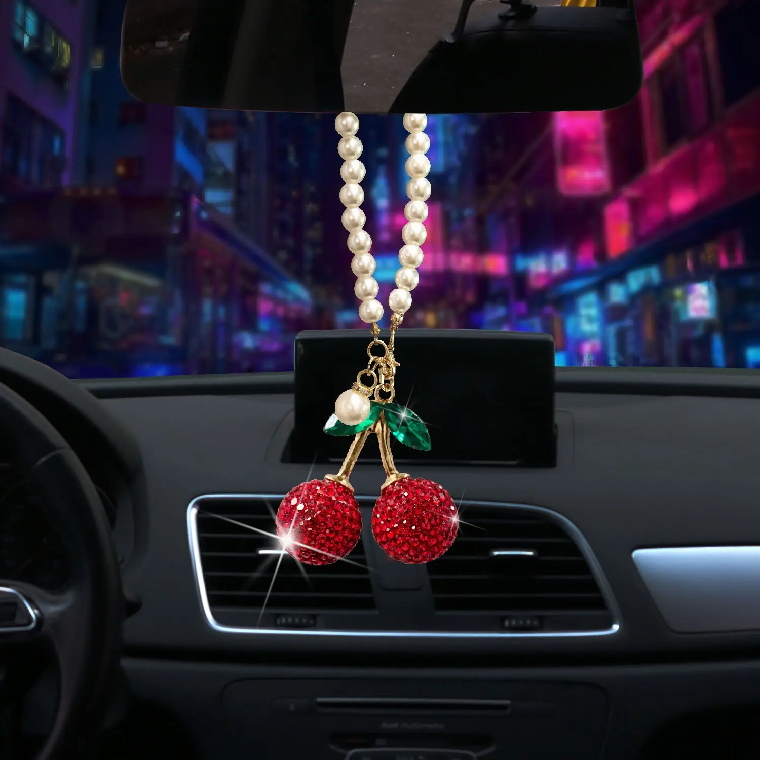 Bling Crystal Cherry Car Pendant, Pearl Chain Decoration, Stylish Rearview Mirror & Steering Wheel Accessory for Women