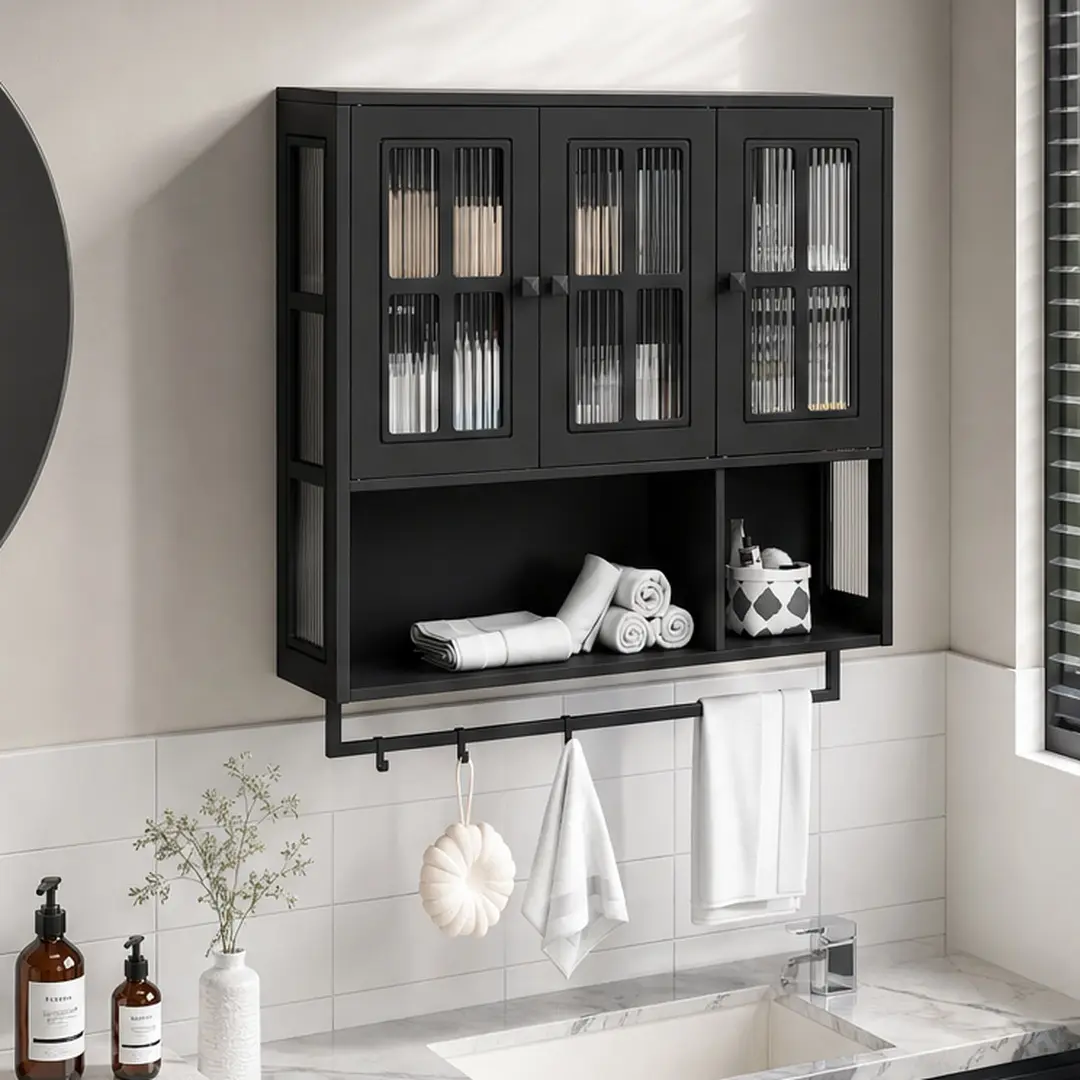 Black Wall Hanging Wood Medicine Cabinet - 3-Door MDF & Tempered Glass Minimalist Contemporary Storage, Multiple Shelves, Adjustable Open/Hidden Shelves, Towel Bar, Assembly Required (10.24W x 34.65D x 32.48H in, 44.00 lb) for Bathroom, Dining Room, Minim