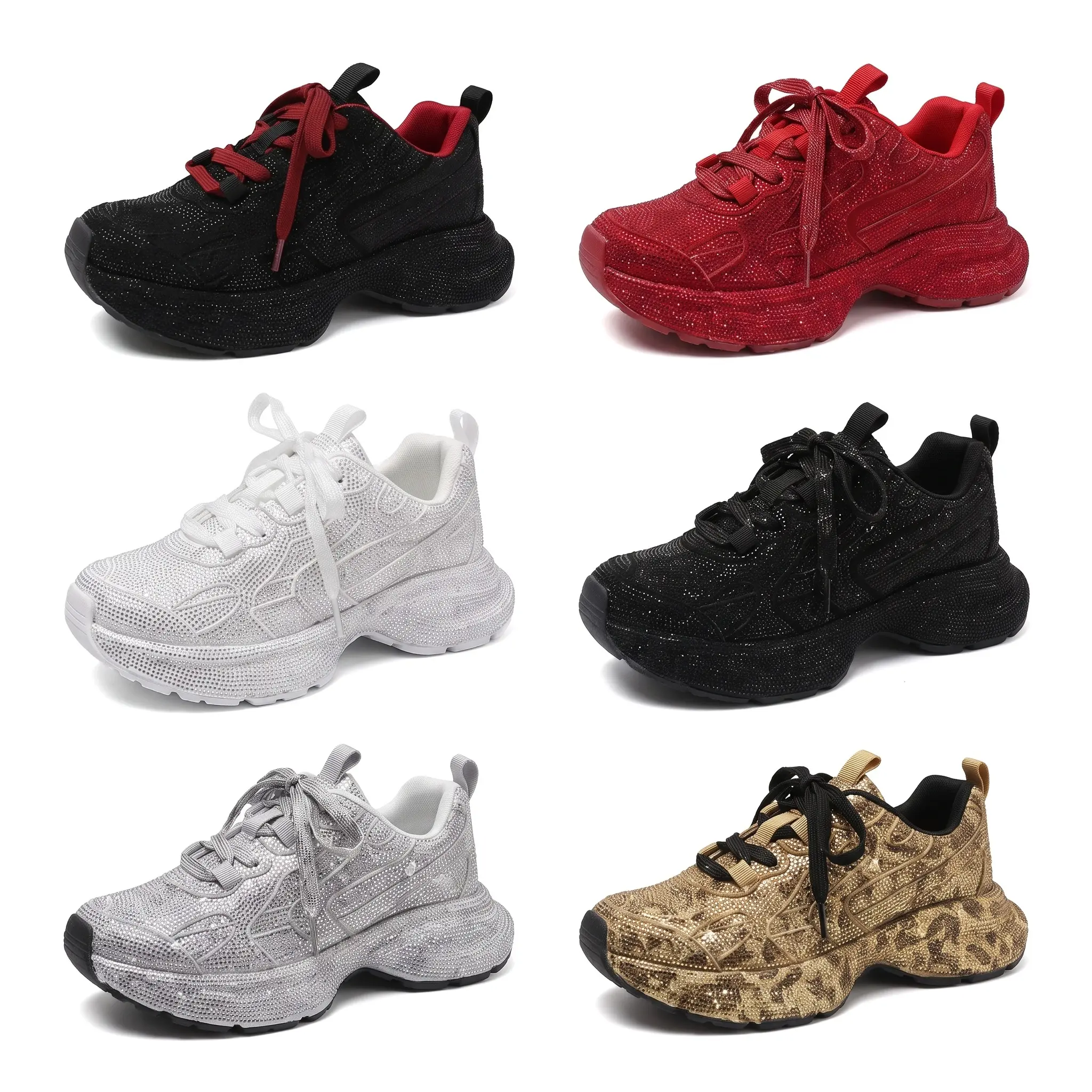 Sparkly Rhinestone Dad Sneakers For Women Chunky Thick Sole Casual Slip Resistant Lace Up Fashionable Comfortable Walking Shoes Trendy Everyday Essential