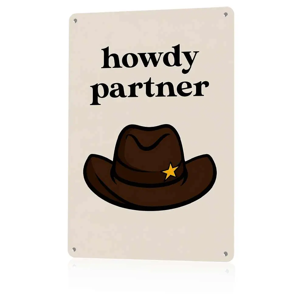 Howdy Partner Western Cowboy Wall Art Print, Cartoon Cowboy Hat With Star Illustration Poster, Neutral Beige Country Western Home Decor for Entryway Bedroom Cabin, Unframed