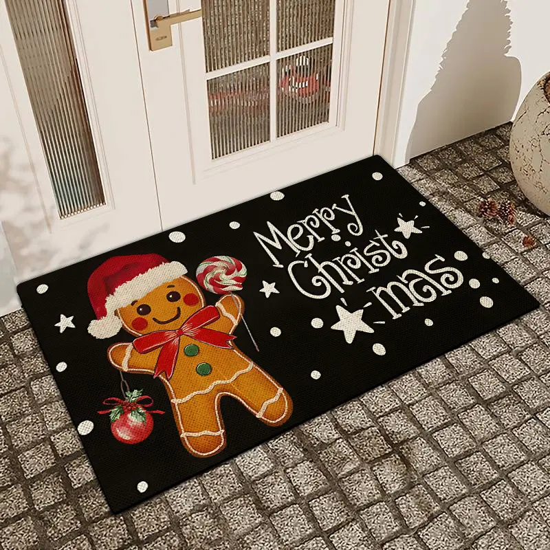 1 Pc Merry Christmas Gingerbread Man Doormat, Linen Surface, Diatom Mud, Anti-Slip, Water-Absorbent, Entryway Mat, Kitchen, Dining Room, Bathroom Decoration, Holiday Home Decoration