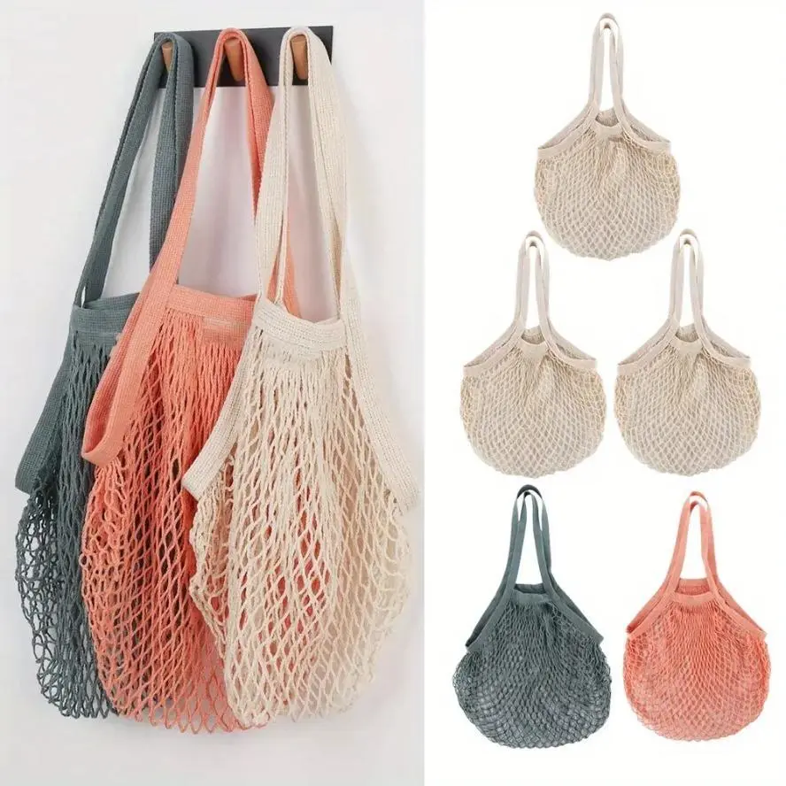 5-Pack Portable Reusable Cotton Mesh Gym Shoulder Bags (60×35 cm) - Washable Ecofriendly Shopping Bag, Fruit & Vegetable Storage Pouches for Grocery Use