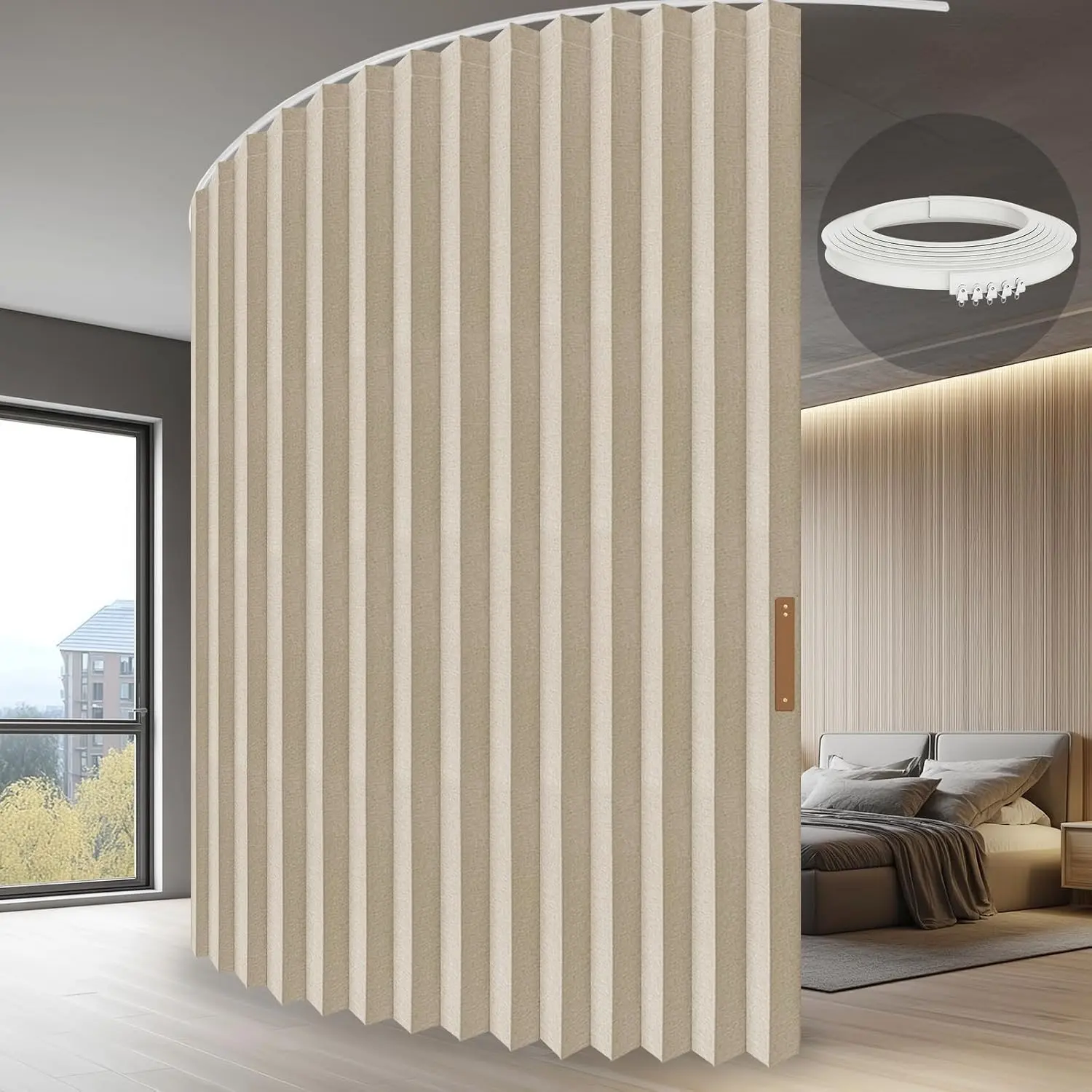 Accordion Folding Room Divider with Ceiling Mount Track - Retractable Full Blackout Curtain, Effortless Setup, Curved Design (Beige, 100x84", Pack of 1)