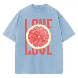 Digitex Unisex Acid Wash Heavy Cotton T-Shirt LOVE Citrus Graphic Oversized Crew Neck Short Sleeve Vintage Casual Streetwear Tee