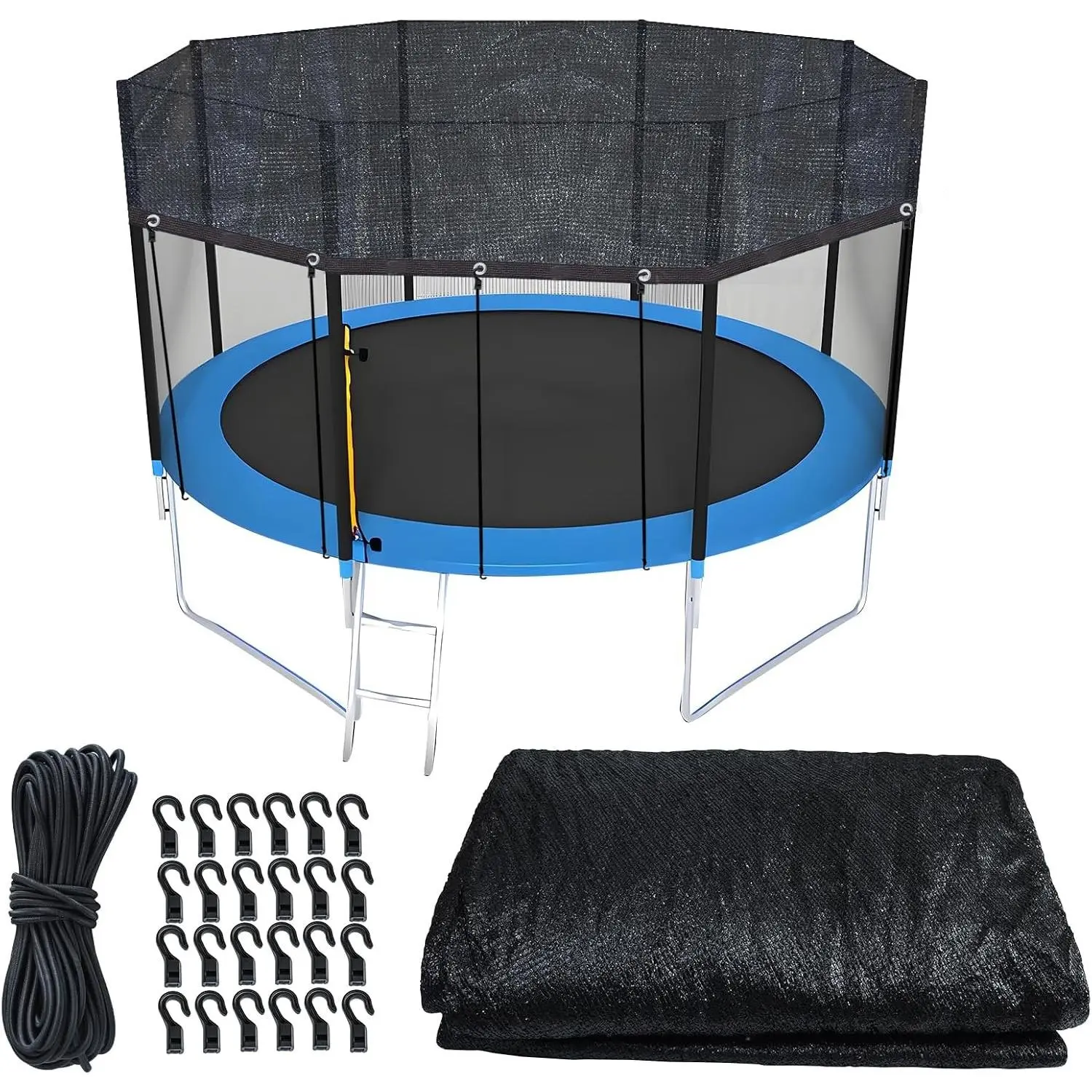 14FT Round Upgraded Trampoline Cover Heavy Duty Black Sunblock Mesh Tarp Sun Shade & Leaf Protection with 49FT Elastic Cord & Plastic Hooks for Outdoor Backyard Playground (Tent Only)