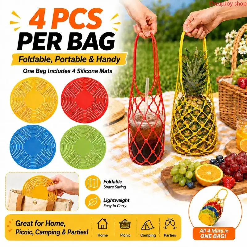 2026 Multi-Use Silicone Storage Bag-4Pack & Organizer,Multifunctional Mesh Coaster,Foldable Silicone Wine Carrier,Handheld Bottle Mesh Coaster & Drink Holder,Expandable Bottle Tote for Fruit Wine Beverage